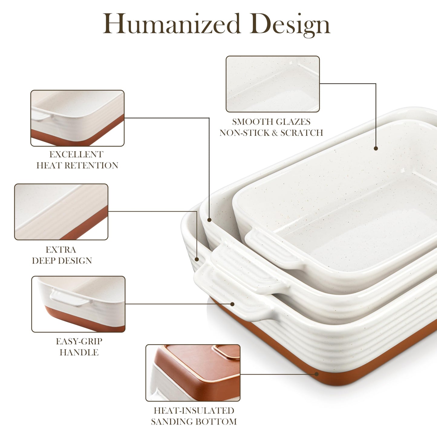 MALACASA Casserole Dishes for Oven, Ceramic Baking Dishes Set of 3, 1.45/2.7/3.8L Rectangular Baking Pan Set, Deep Lasagna Pan with Handles, Khaki White (14.5"/13"/10.5"), Series TARA