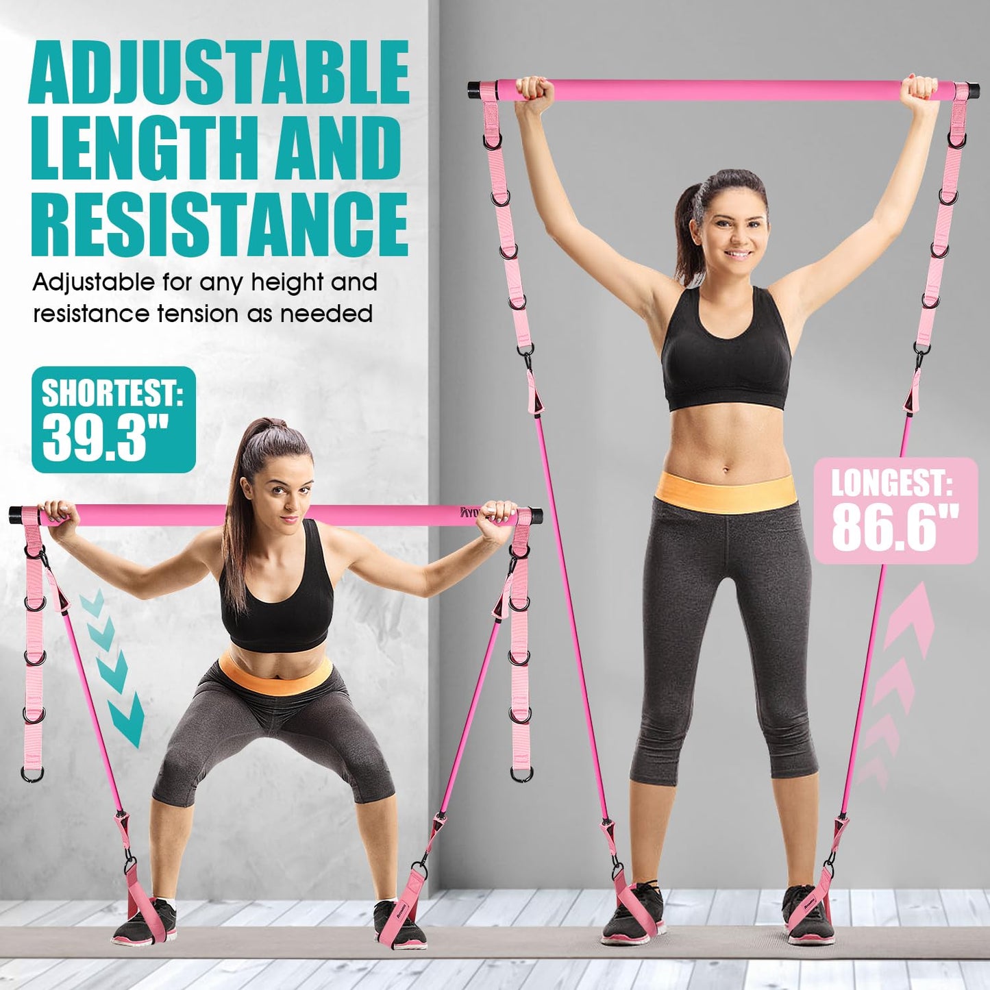 Pilates Bar Kit with Resistance Bands, Pilates Workout Equipment for Legs, Hip, Waist, Arm, Squats Exercise Equipment for Home Workouts, Adjustable 3-Section Resistance Bands Bar Kit for Women & Men