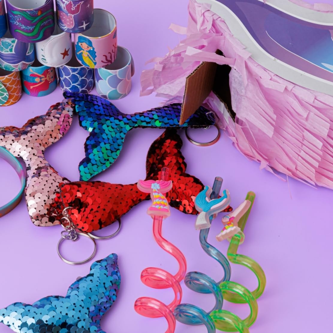 Mermaid Pinata Set for Girls Birthday Party Favors Kids Mermaid Themed Birthday Party Supplies with Mermaid Tail Pinata Stickers Slap Bracelets Keychains Silicone Bands and Straws