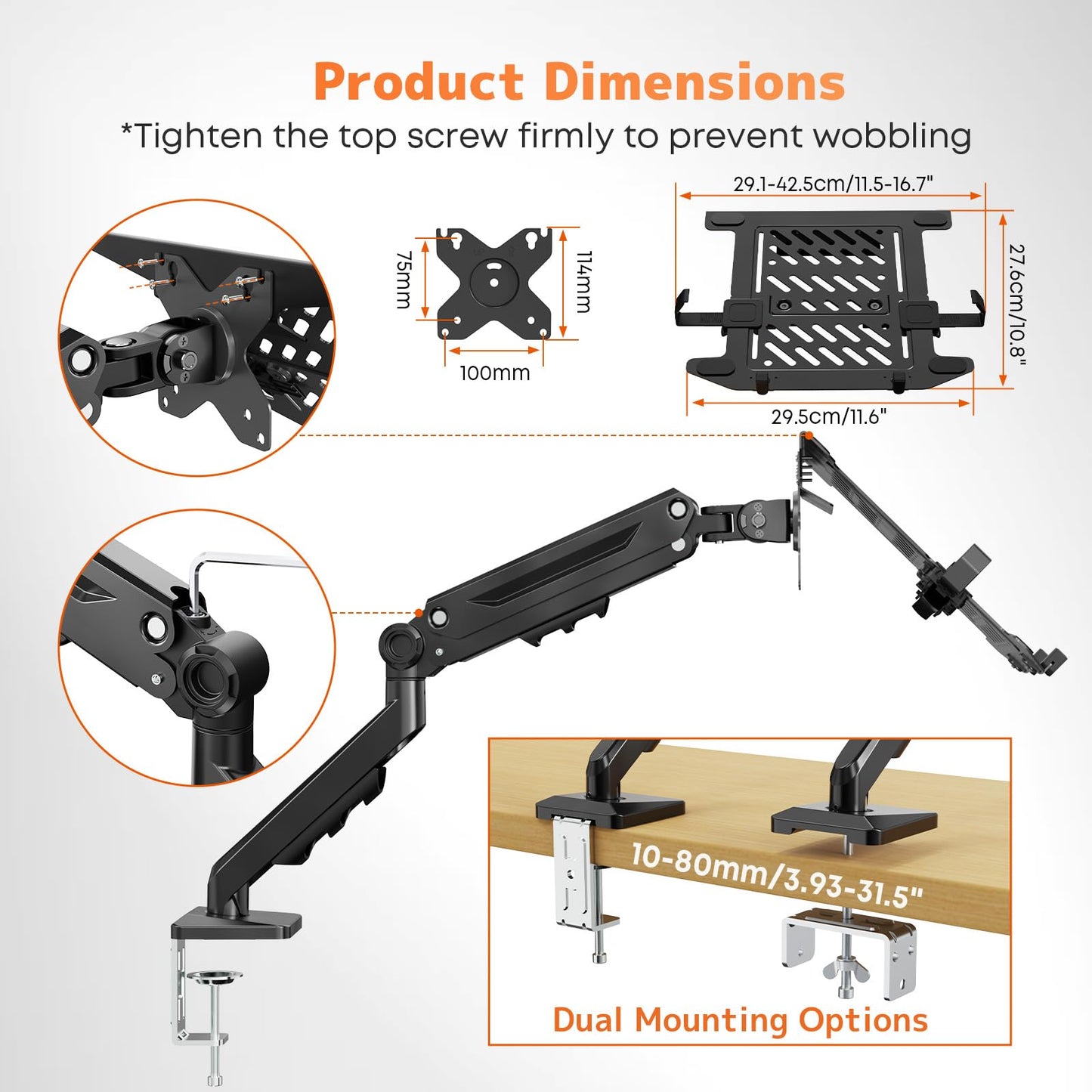 PUTORSEN Laptop Arm Mount for Desk, Fits Max 18'' Notebook and 17-40'' Monitor, Monitor Mount with Adjustable Laptop Tray, Holds up to 26.4lbs, VESA 75/100mm