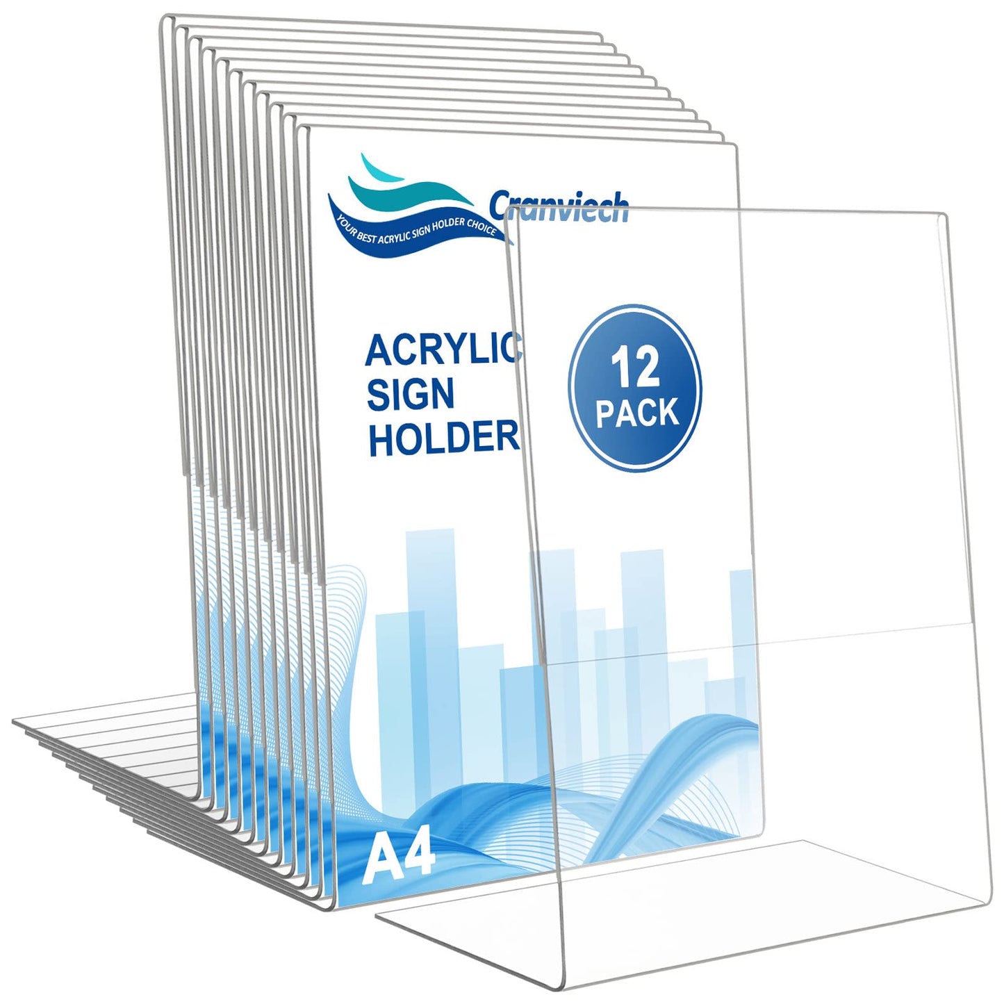Cranviech 12 Pack Sign Holder 8.5 x 11, Acrylic Slant Sign Holders Clear Plastic Display Stand Acrylic Paper Signs Holder Photo Frame for Restaurants Hotels Menu Stores Office