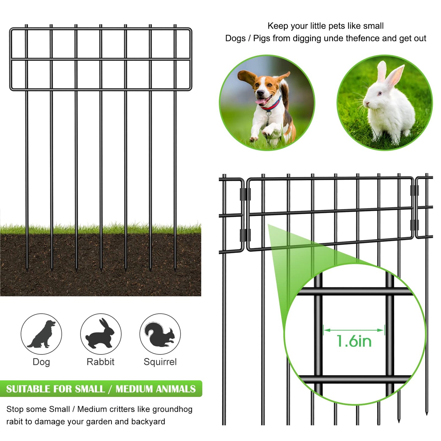 NANANARDOSO 10 Pack Animal Barrier Fence, 17 in(H) X Ft(L) No Dig Garden Decorative Fencing, Rustproof Metal Wire Panel Fence Border for Dog Rabbits Ground Stakes and Outdoor Landscape Yard Black