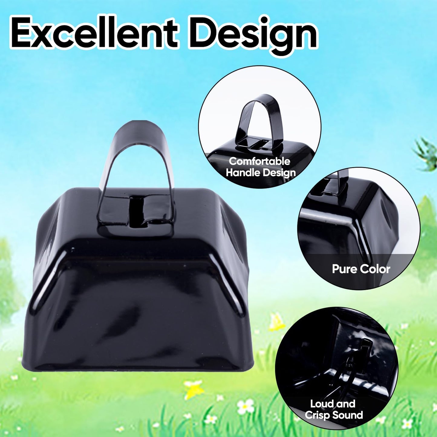 Cow Bells Noise Makers Black Cheering Bell for Sporting Events: 12 Pcs Metal Cowbells with Handle - Small Loud Bell Bulk Hand Percussion for Football Games Graduation Weddings