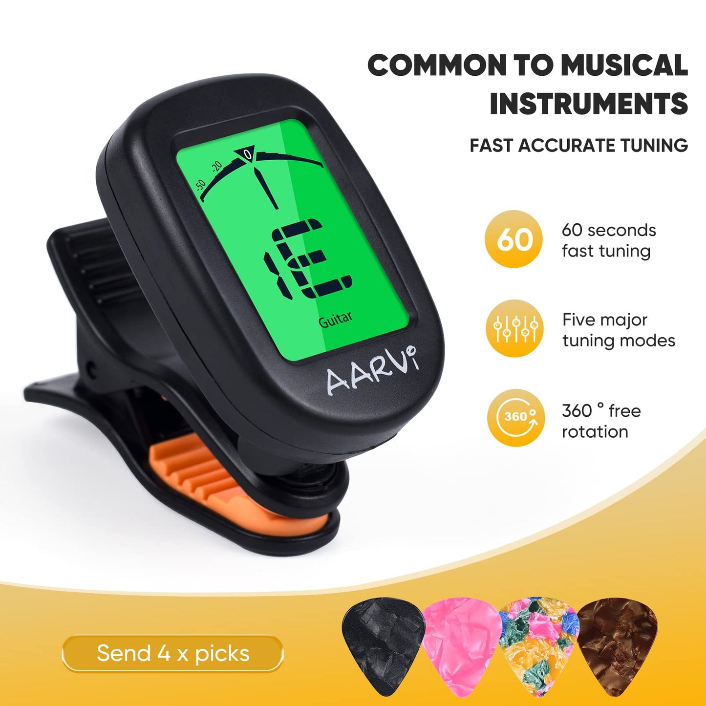 Clip On Guitar Tuner 5 Pack for All Instruments, Acoustic/Electric Guitar, Ukulele, Bass, Violin, Banjo, Large Clear LCD Display for Guitar Tuner, Chromatic Tuner, 20 Pack Guitar Picks Included