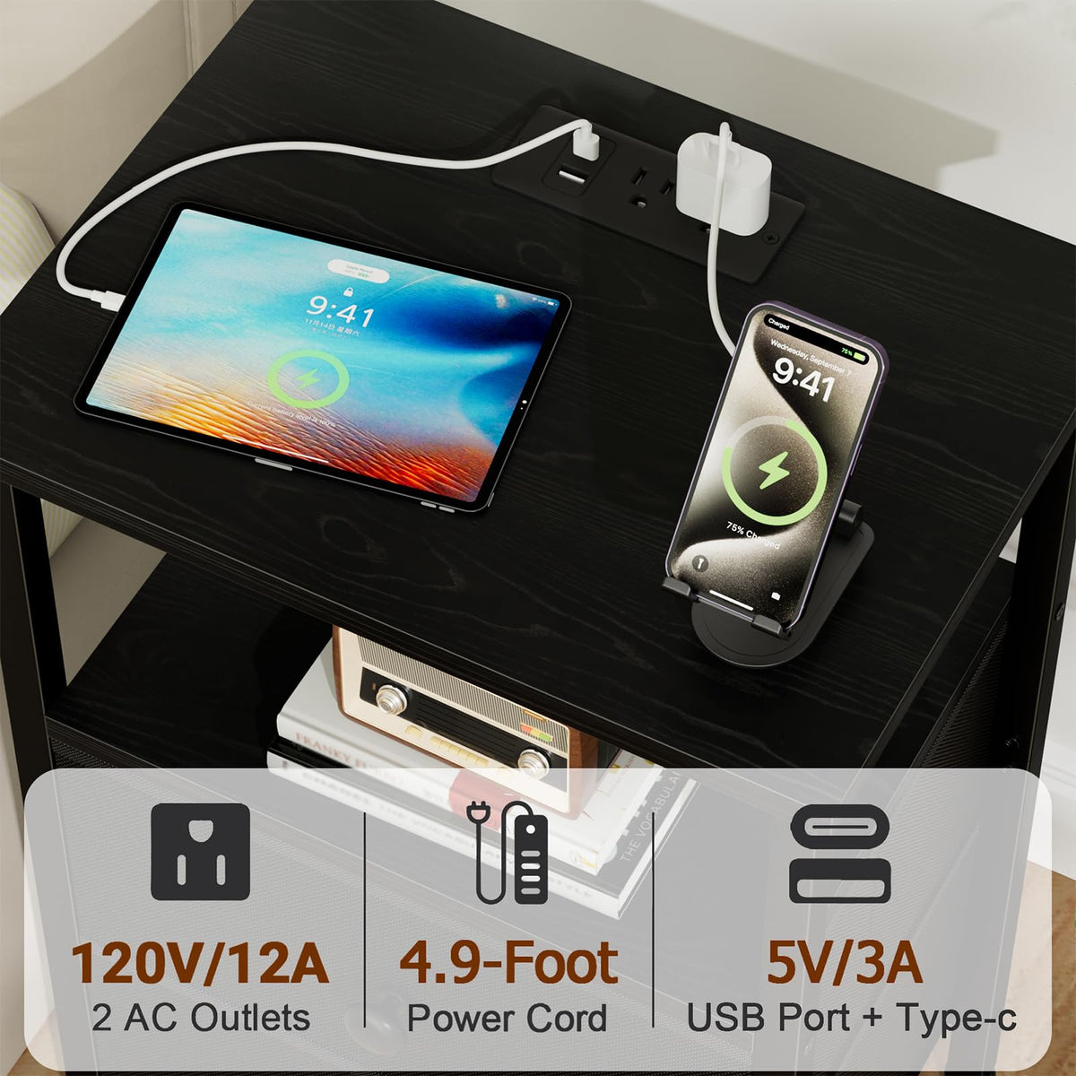 LOAKEKEL Night Stand with Charging Station, Small Bedside Table with Fabric Drawer, Nightstand with USB Ports & Outlets for Bedroom, Living Room, Black, HETS020BK-1