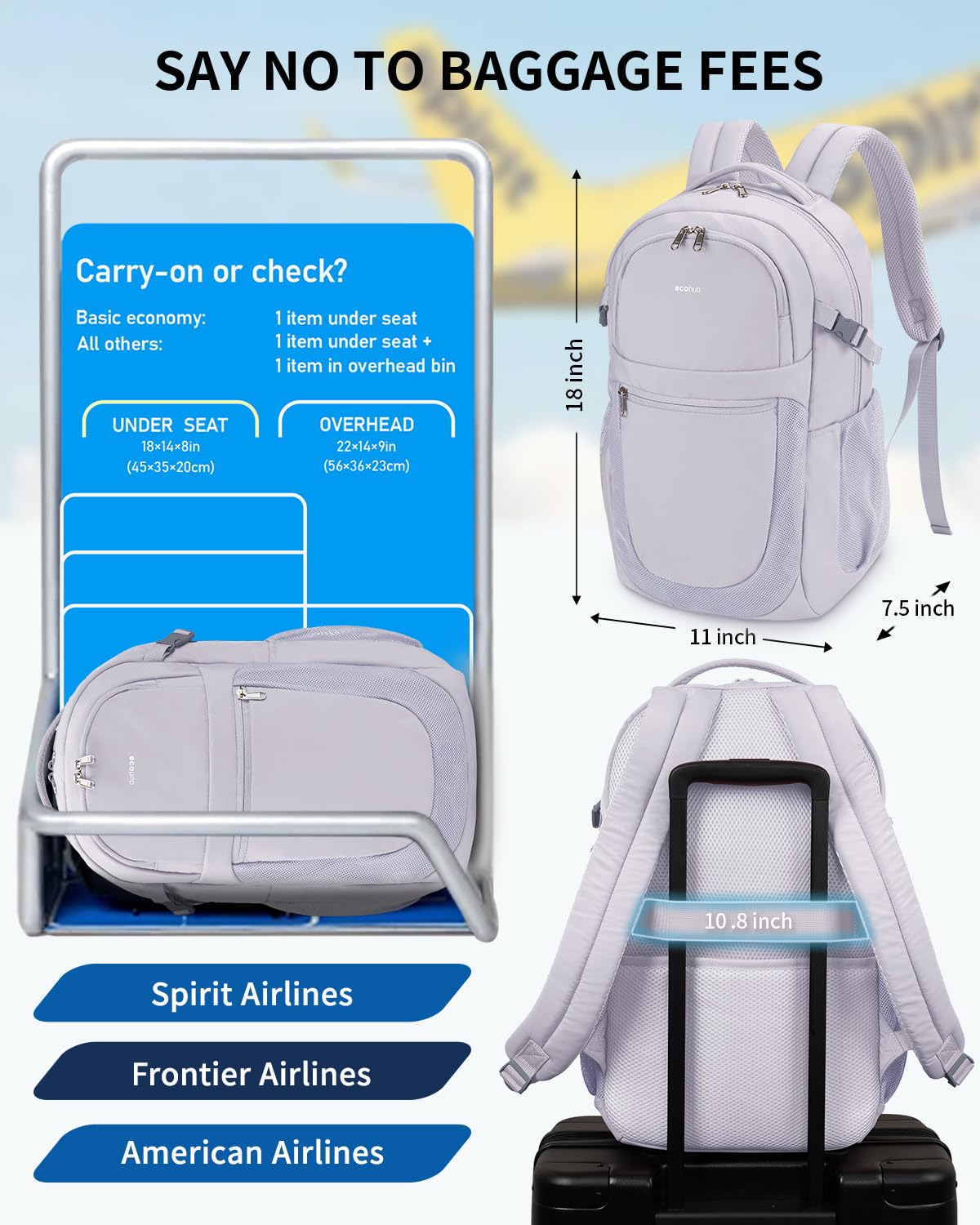 ECOHUB Travel Backpack for Women Men, Carry On Backpack with 17.3" Suspended Laptop Bag, 28L Flight Approved Fashion Water-Resistant Lightweight Daypack with 12 Pockets for Causal Work College, Grey