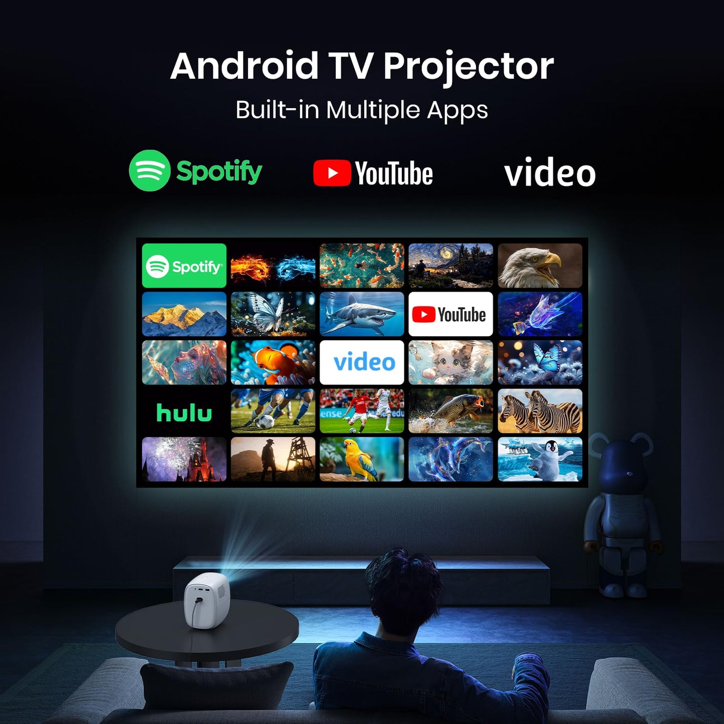 [Auto Focus/Built-in Apps] Mini Projector with WiFi and Bluetooth 4K 1080P Native Projector with Apps and Android TV OS, Auto Correction, Stereo Speaker, Black Portable Projector, White