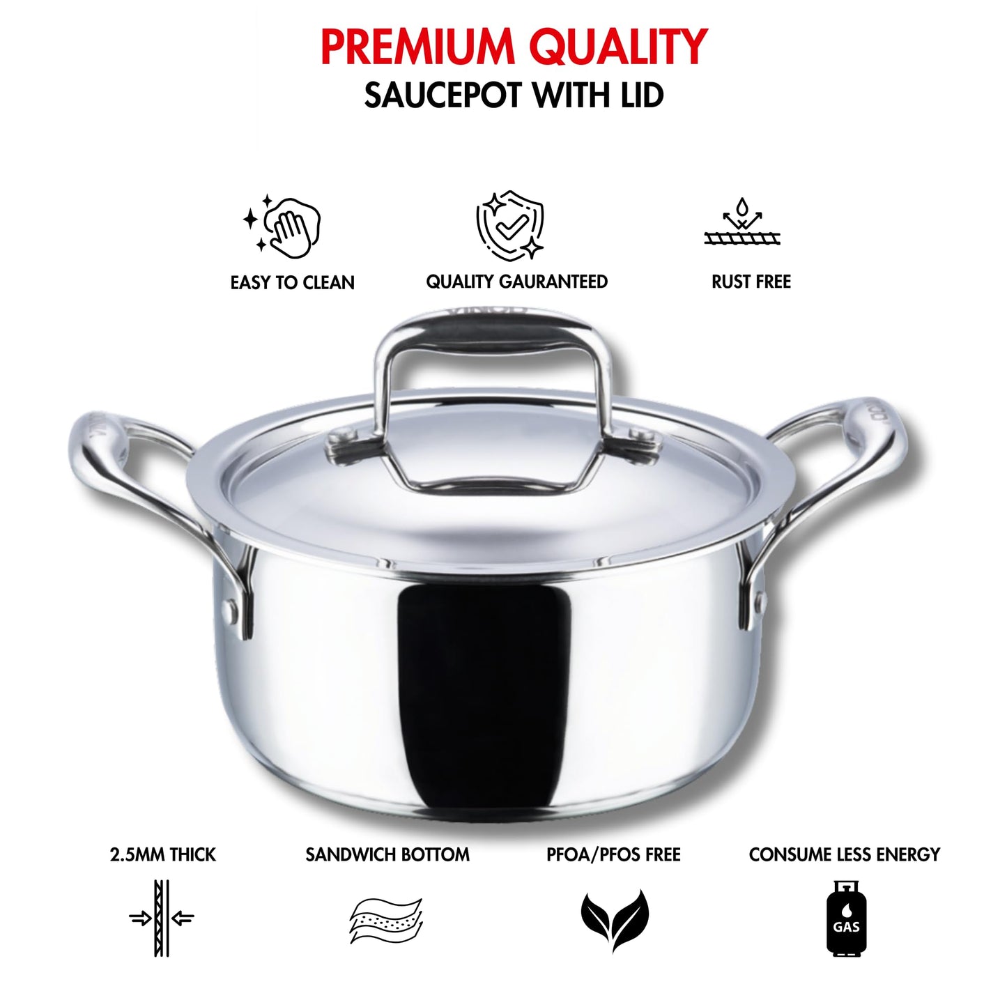 Vinod Platinum Triply Stainless Steel Stewpot with Lid, 7.2 Qt, 26 cm | Riveted Handles | Induction & Gas Stove Compatible | Deep Stockpot for stews, Curries, Soups & One-Pot Meals