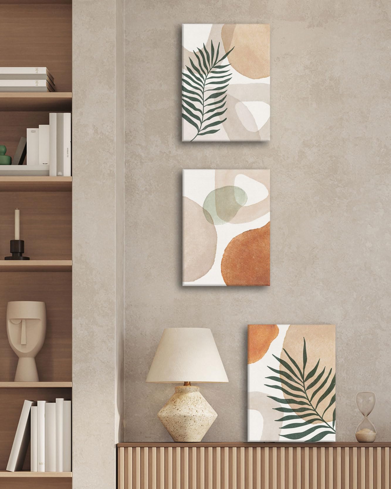 HesenDot Abstract Botanical Wall Art Set of 3, 30x40CM Neutral Plant Framed Canvas Prints, Beige Green Boho Aesthetic Wall Decor for Living Room Bedroom Bathroom Office Home
