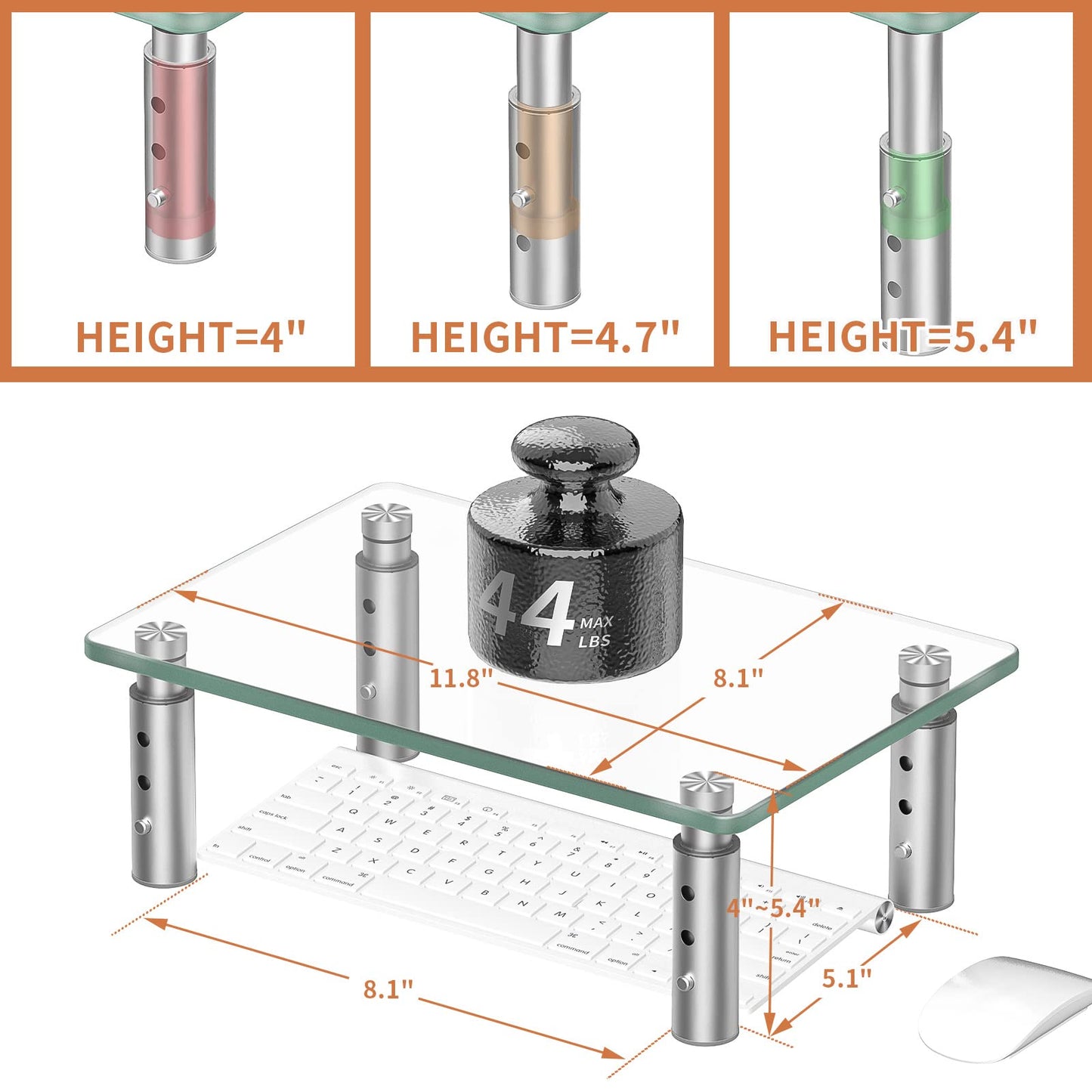 Hemudu 3-Level Adjustable Laptop Monitor Stand Riser, 11.8" x 8.1", Clear Glass & Stainless Steel, Supports Up to 44 lbs, Organizer Shelf