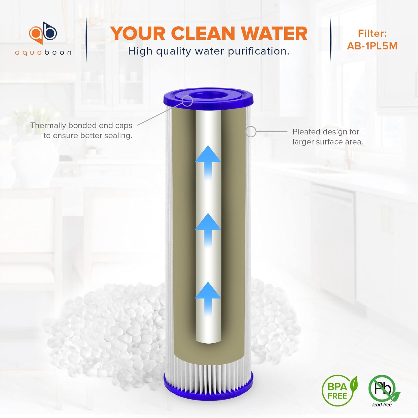 Aquaboon 5 Micron Pleated Water Filter 10 x 2.5 - Whole House Sediment Filter Replacement Cartridge Compatible with WFPFC3002, WHKF-WHPL, 6-Pack
