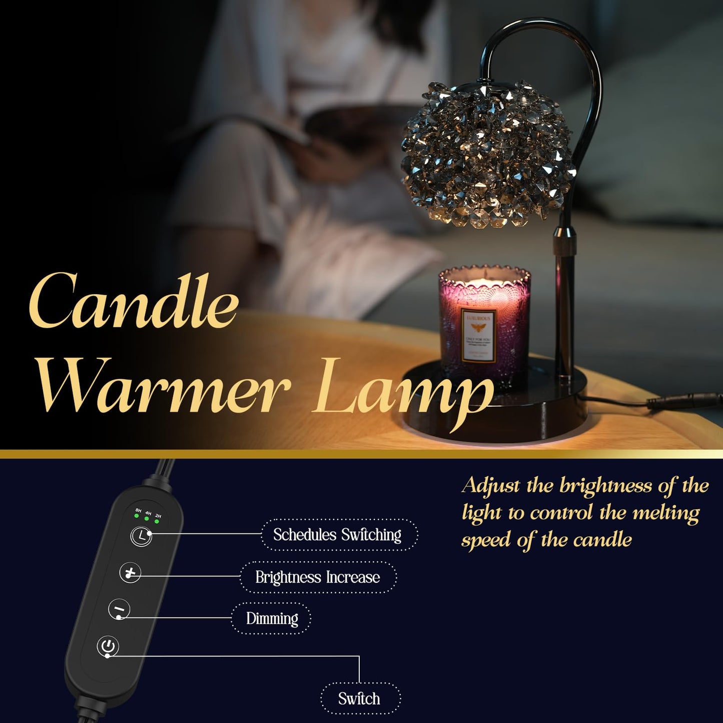 VXUNLIOR Luxury Candle Warmer Lamp with Crystal Gemstone Shade - Wax Melt Warmer for Home Decor (Black Without RGB)
