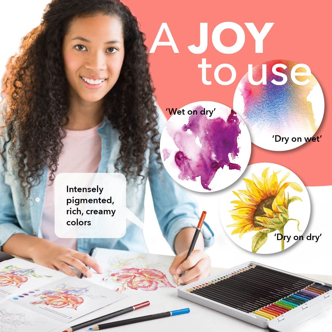 Castle Art Supplies Floral/Botanical Watercolor Pencils Set | 24 Quality, Selected Vibrant Colors | Draw and Paint at the Same Time | For Adult Artists and Gifting | In Special Tin Box