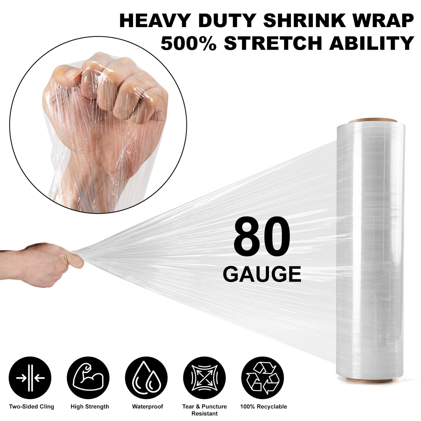Ealyder Tape 2 Rolls Clear Stretch Wrap 18" x 1000 FT x 80 Gauge, Industrial Heavy Duty Stretch Wrap Shrink Film, Durable Self-Adhering for Packing, Moving, Pallet, Included Wrap Holder