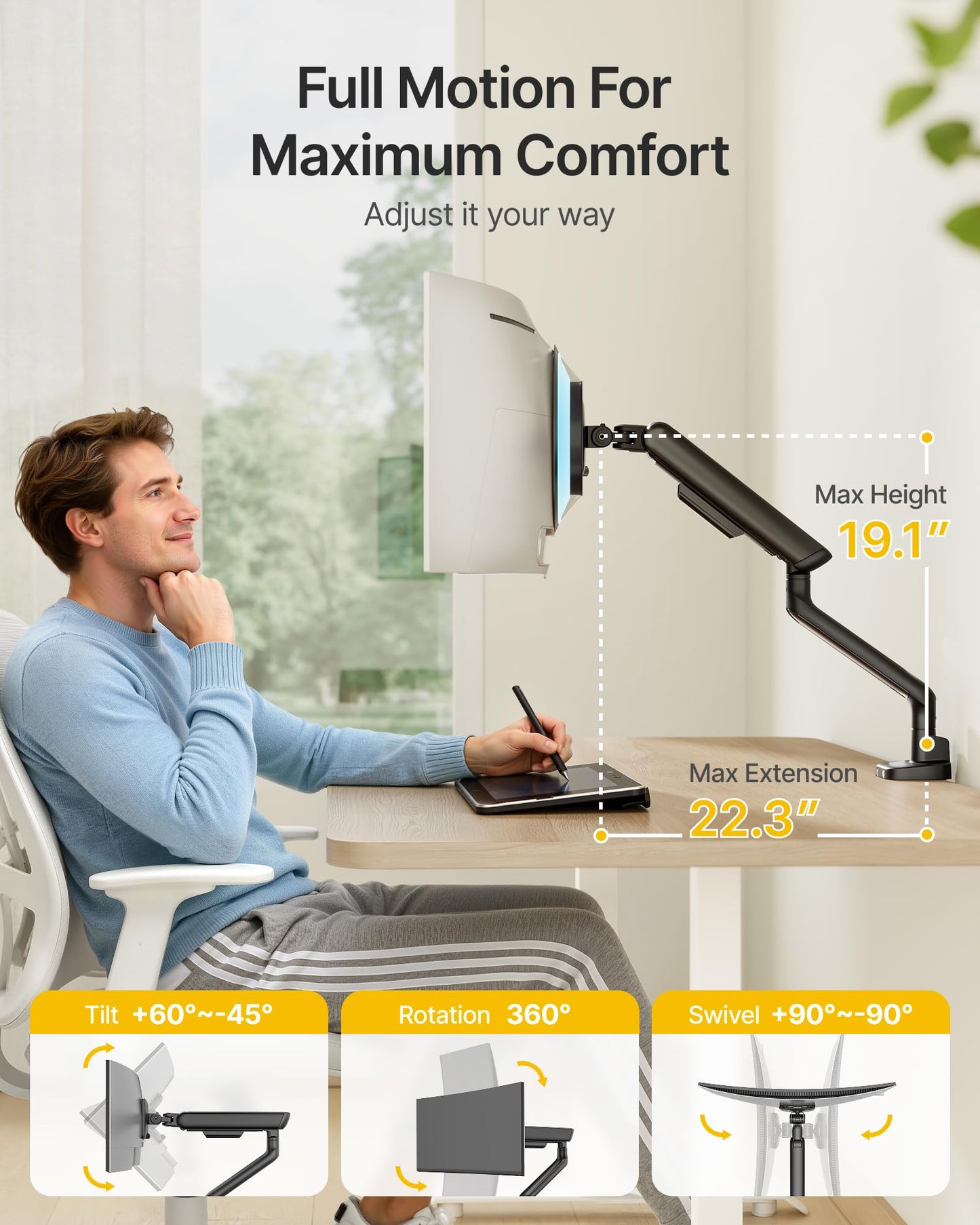 monTEK Single Monitor Arm, Mechanical Spring Monitor Arm for 17-40" Ultrawide Screens, Adjustable Monitor Desk Mount Holds up to 26.4 lbs with C Clamp/Grommet Desk Mount, VESA 75/100mm, MA1011BK