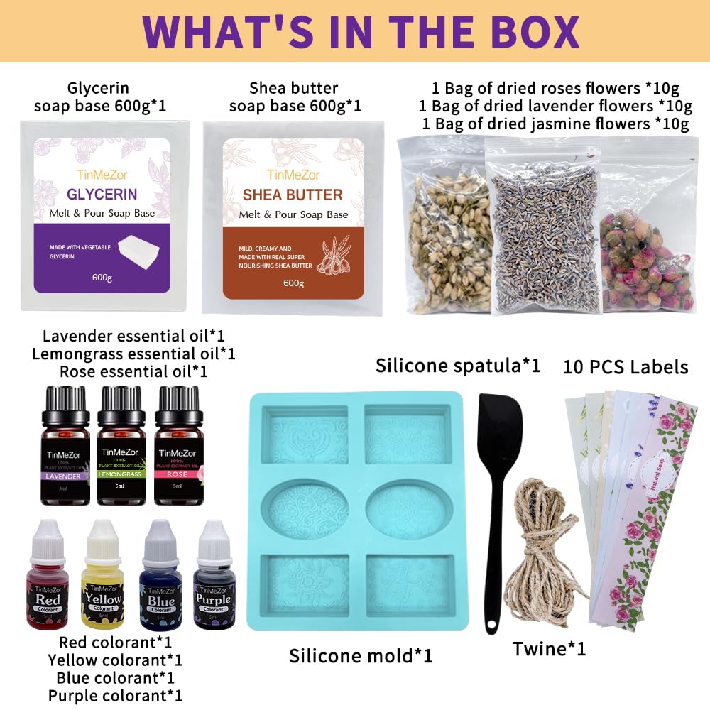 TinMeZor Soap Making Kit for Adults - DIY Natural Soap Supplies Glycerin & Shea Butter Soap Base with Soap Molds, Dried Flowers, Dye and Fragrances- DIY Craft Kit