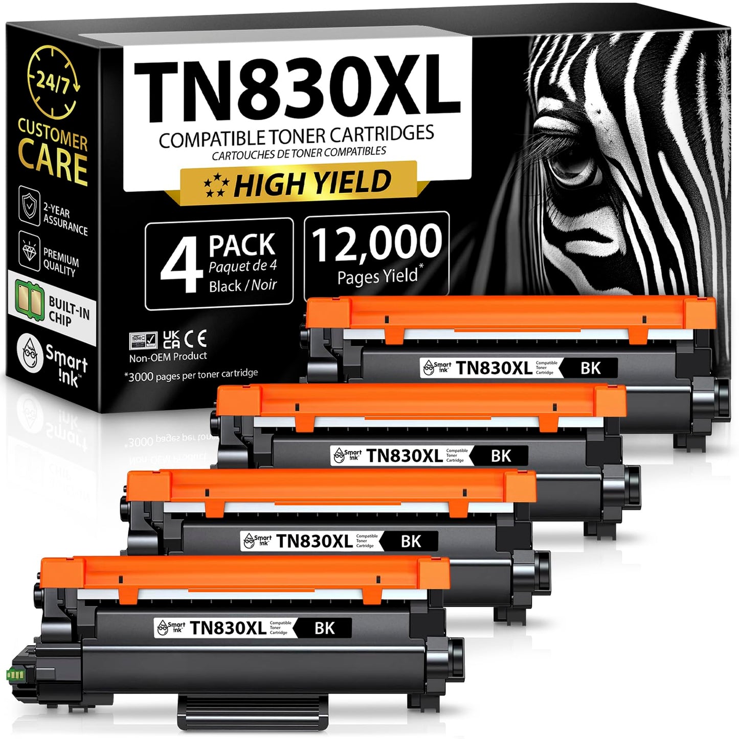 Smart Ink Compatible TN830XL Toner Cartridge Replacement for Brother TN830XL TN830BK TN830 XL with CHIP (4 Pack) to use with DCP-L2640DW HL-L2460DW MFC-L2820DW HL-L2400D HL-L2405W HL-L2865DW Printers