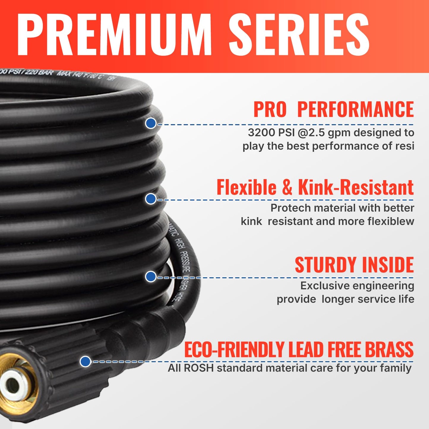 YAMATIC Pressure Washer Hose 25FT 1/4" Kink Resistant M22 Brass Fitting Power Washer Hose Replacement for Ryobi, Troy Bilt, Greenworks, Craftsman & More High PressureWashers, 3200 PSI
