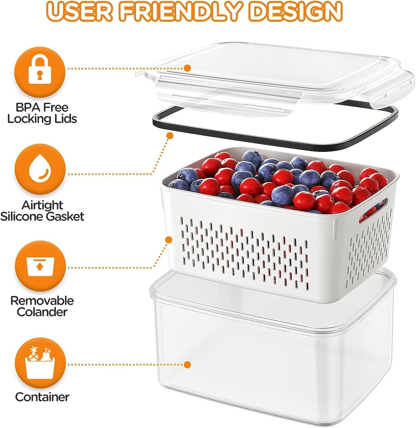 JSCARES 5-Pack Fruit Storage Containers for Fridge with Removable Colanders, 5 in 1 Plastic Fresh Saver Containers BPA Free with Lid for Salad Berry Lettuce Vegetables Meat Keeper (5 Pack)