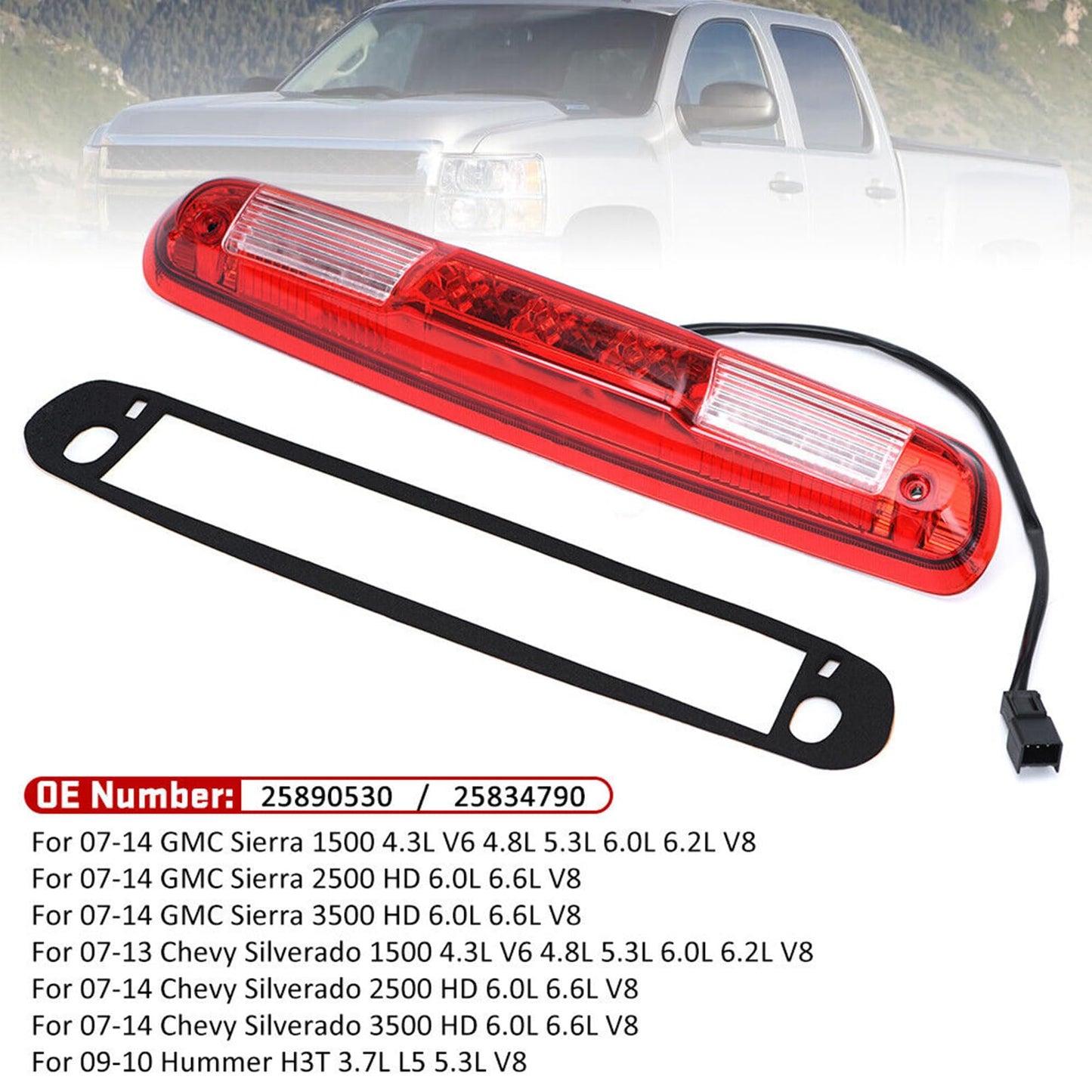 Wocch 25890530 07-13 Silverado 3rd Brake Light High Mount Stop Light LED Third Brake Light Lamp for Chevy Silverado GMC Sierra 1500 2500 3500 HD 2007 2008 2009 2010 2011 2012 2013