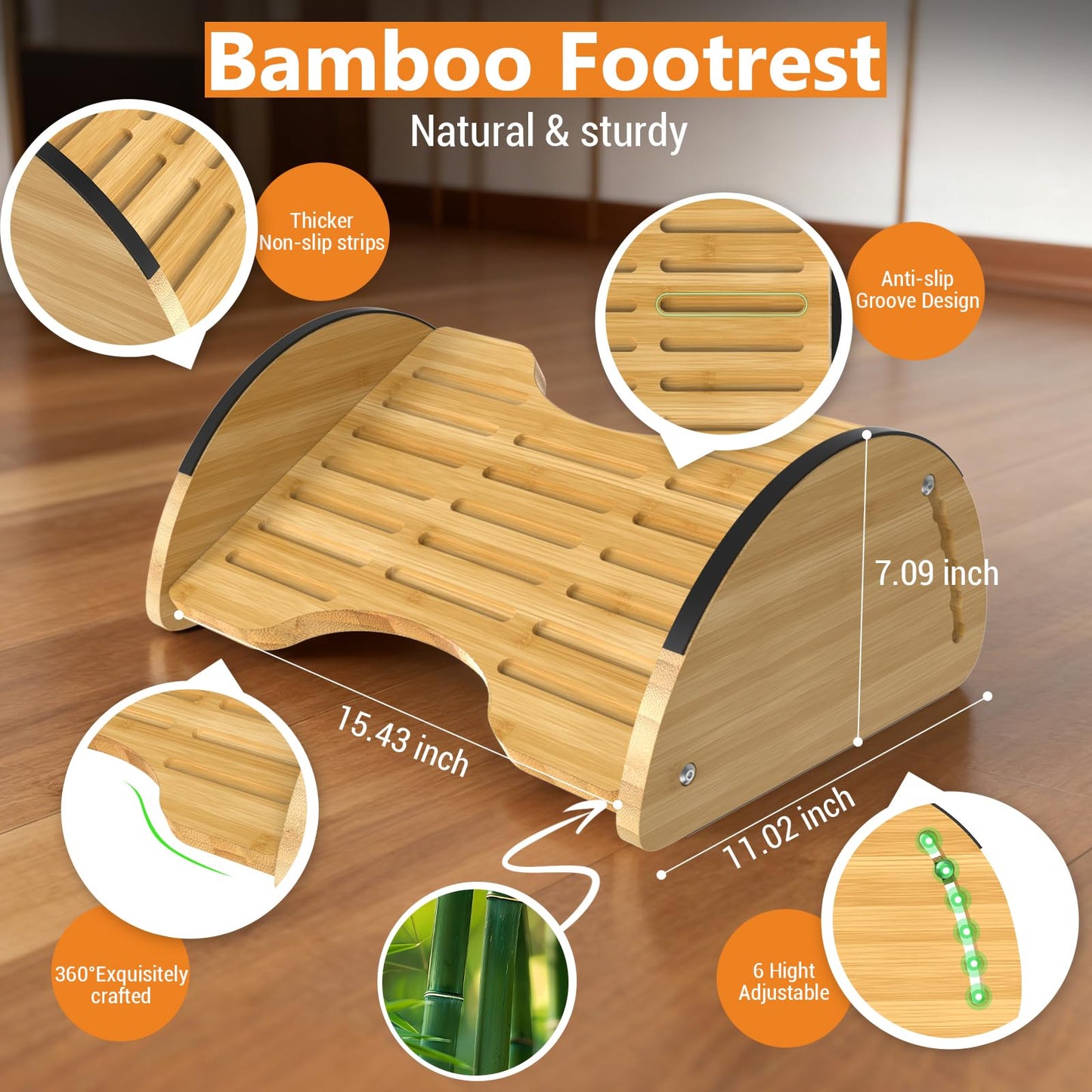Bamboo Foot Rest Under Desk - Rocking Desk Foot Rest 2-in-1 with 6 Adjustable Heights, Ergonomic Footrest Under Desk with Anti-Slip Surface for Home, Office and Gaming