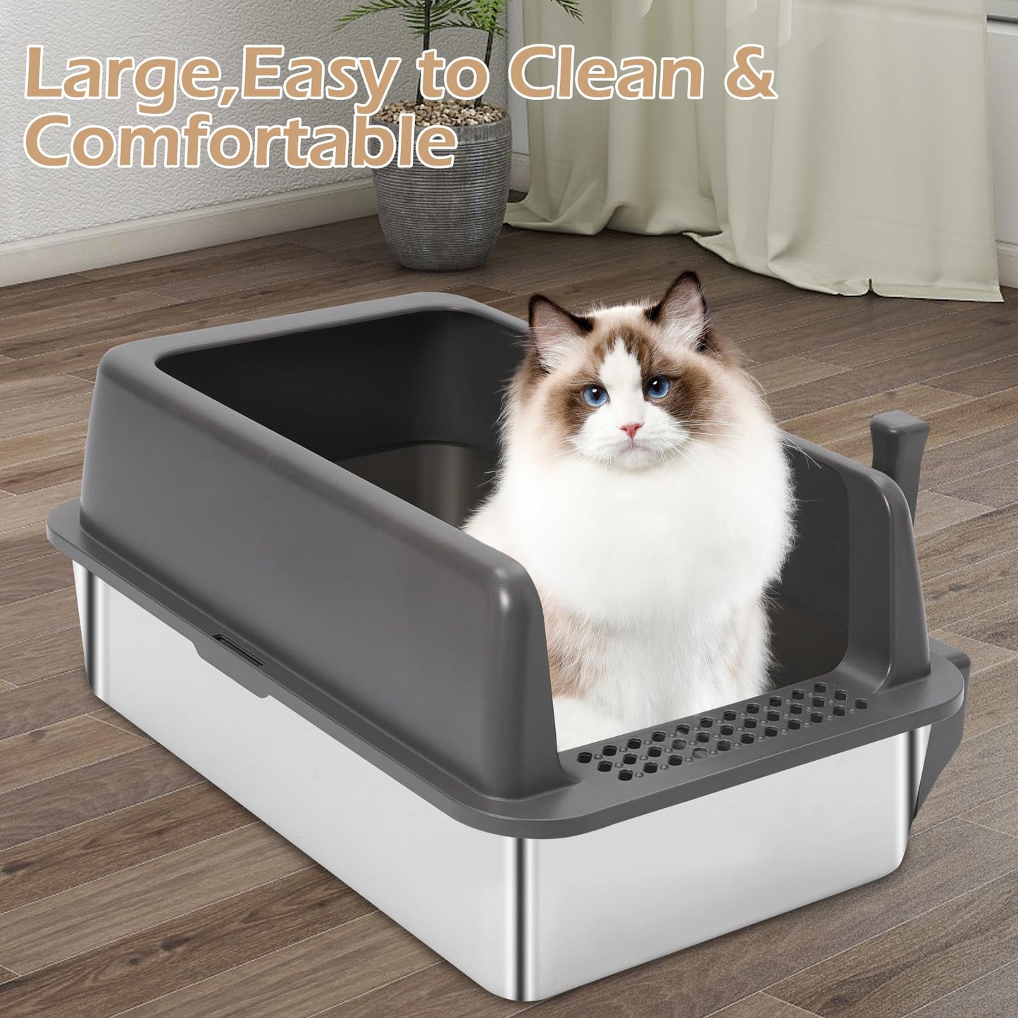 2 Pack Stainless Steel Open Cat Litter Box, Large Cat Litter Tray for Big Cats, 24" L x 16" W x 9.8" H, Metal Litter Box High Sided, Easy Cleaning, Include Scoop (Dark Gray)