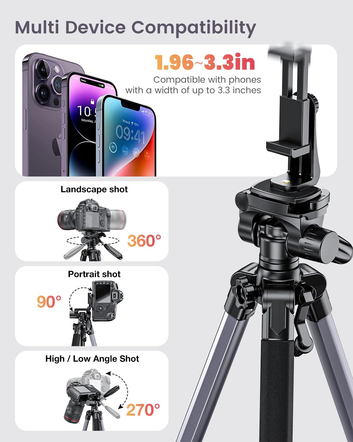CAMBOFOTO 74"-Camera-Tripod, Gray Porfessional Aluminum Heavy Duty Tripod Stand for Mirrorless Camera/DSLR/Cell Phone/Camcorder, with Holder and Travel Bag (Gunmetal Gray)