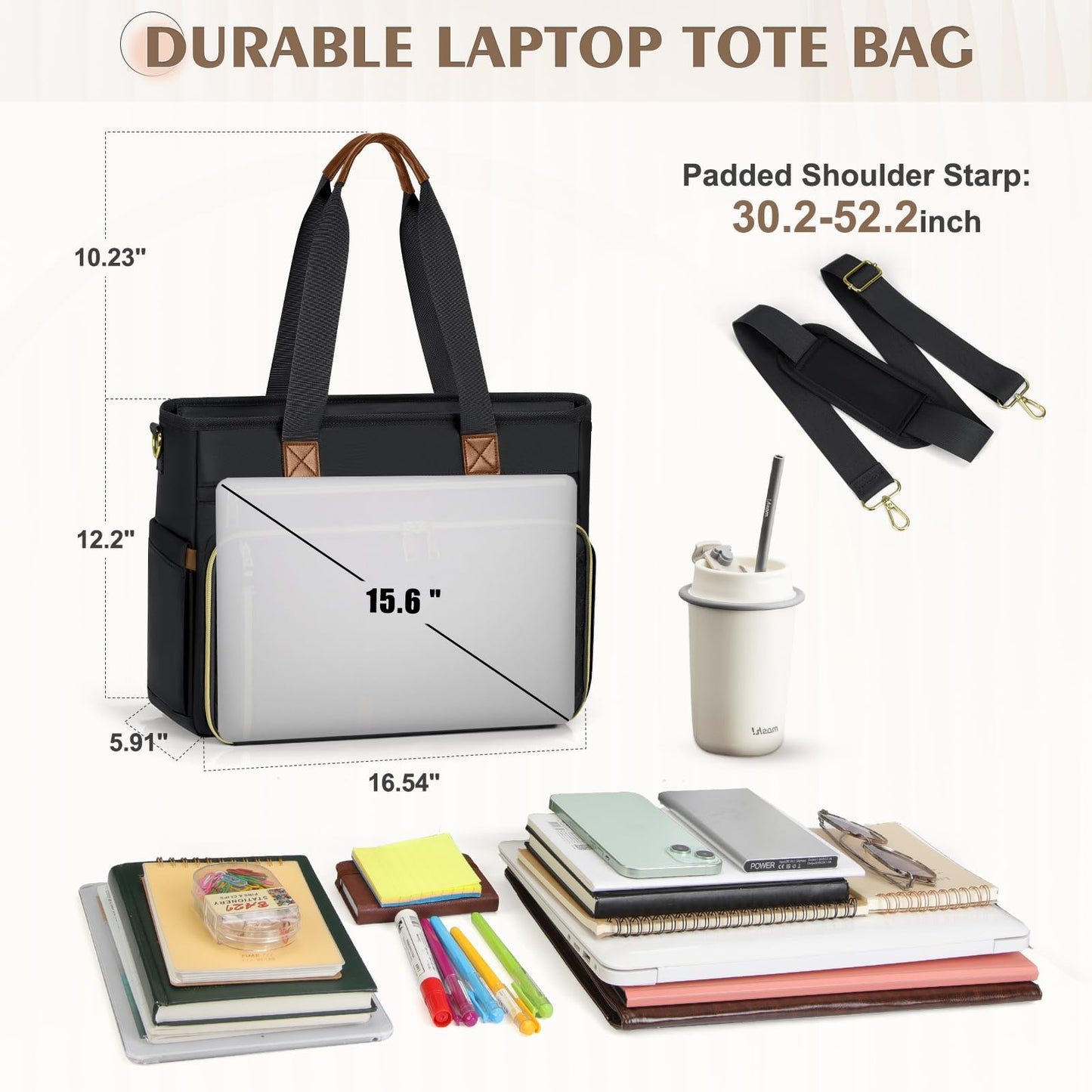 SDYSM Teacher Tote Bag 15.6 Inch Laptop Bag for Women Large Work Bag Teacher Nurse Bag Professional Computer Messenger Laptop Briefcase Handbag for Nursing, Office, College, Black