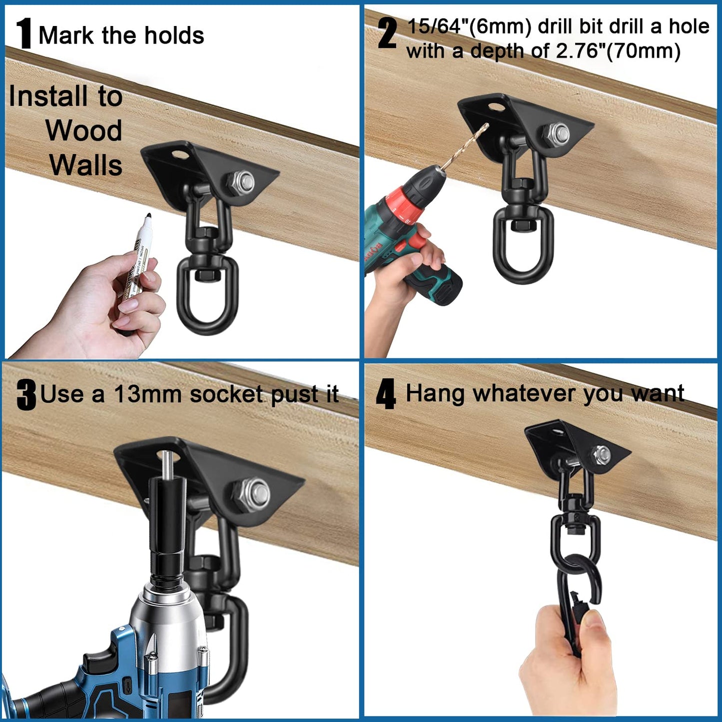 2 Pack Hammock Hanging Kit, 1200 Lbs Capacity Heavy Duty 360 ° Rotating Hammock Hook Suitable for Hanging Hammock Chair, Aerial Yoga, Boxing Sandbags, Swings, Etc.