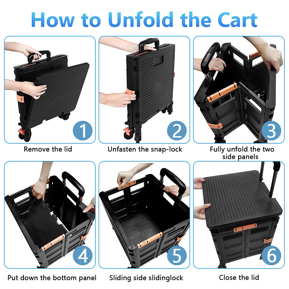 Foldable Utility Cart Folding Portable Rolling Crate Handcart with Durable Heavy Duty Plastic Telescoping Handle Collapsible 4 Rotate Wheels for Travel Shopping Moving Luggage Office Use (Black+Black)