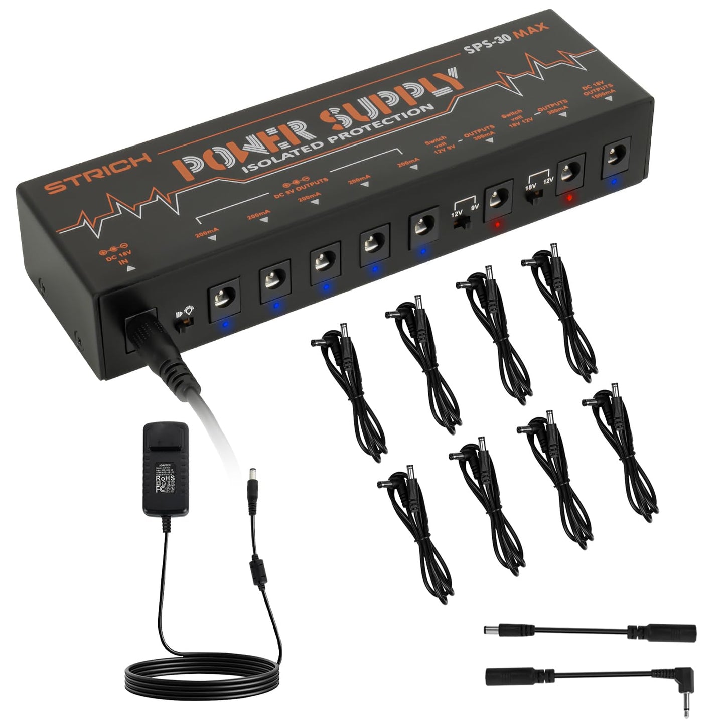 STRICH Guitar Pedal High Power Supply, Pedalboard Power Supply with 8 Totally Independent DC 9V/12V/18V Outputs(200mA/300mA/1000mA) for Power-hungry Effect Pedal, SPS-30 MAX
