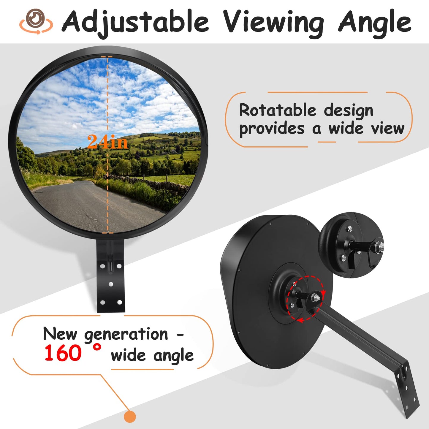 24" Convex Security Mirror, Adjustable Angle and Wide View for Garage and Traffic Driveway Park Assistant, Curved Security Mirror with Adjustable Fixing Bracket Indoor and Outdoor