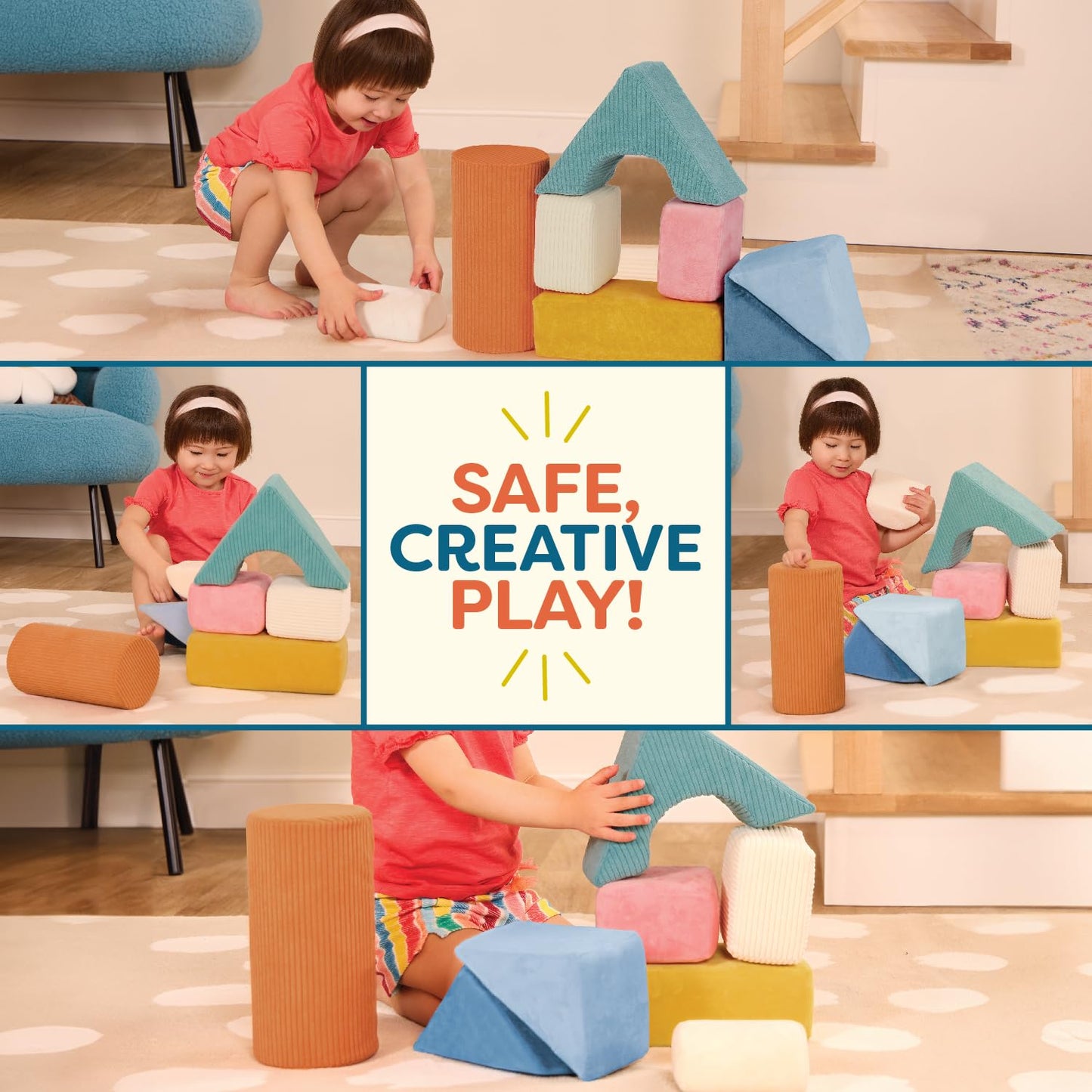 B. Toys – Sensory Foam Building Blocks for Kids – 8– Pieces Textured Stacking Toys for Babies 6– 12 Months – Soft Geometric Shapes with Tactile Fabric Cover – Foam Blocks for Toddlers