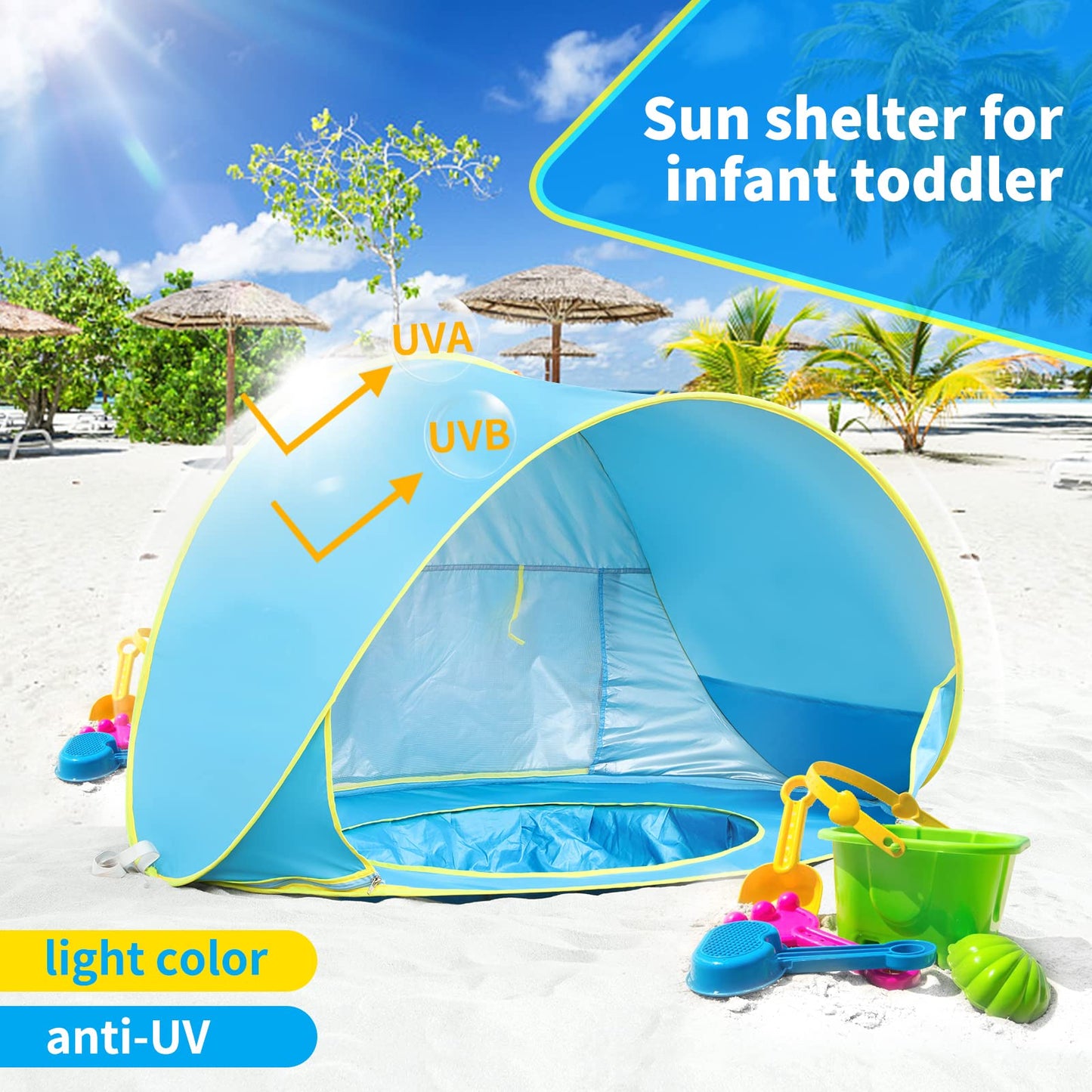Baby Beach Tent Pop Up Shade with Infant Pool Cabana UV Protection Waterproof Sun Shelter Umbrella for Baby (Blue)