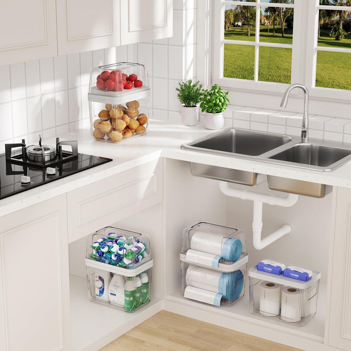 Onemake 3-in-1 Acrylic Trash Bag Dispenser & Laundry Pods Container Organizer, Extra Large Garbage Bag Holder for Kitchen Laundry Room Under Sink Pantry Organization and Storage (Clear, XL)
