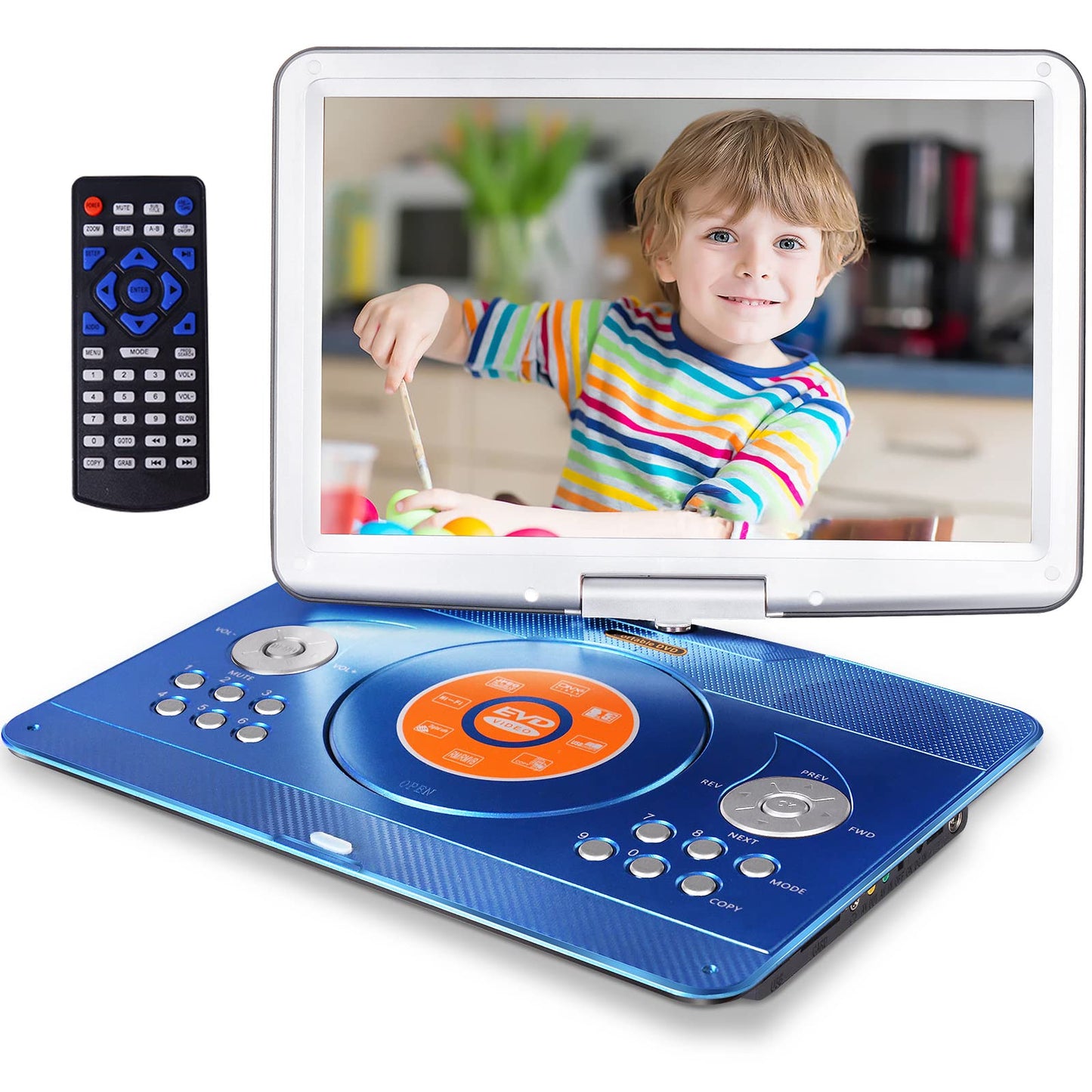 16.9" Portable Mobile DVD Player with 14.1" Large Swivel Screen with 6 Hrs Rechargeable Battery for Kids, Sync TV, Support USB SD Card with Car Charger (Blue)