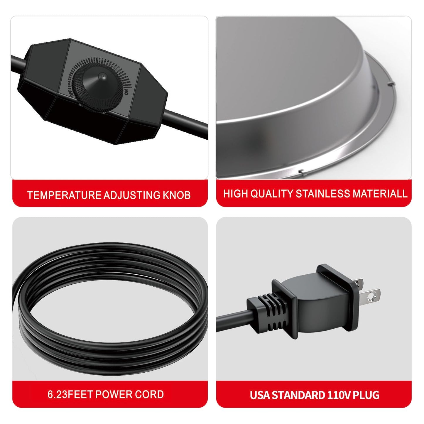 Chicken Water Heater, 11.8 Inch Stainless Steel Heated Chicken Waterer Base for Winter 5 Gallon with Thermostat Knob，with Anti-Bite Cable for Poultry Fountains Water Bowl Plastic Metal Waterer