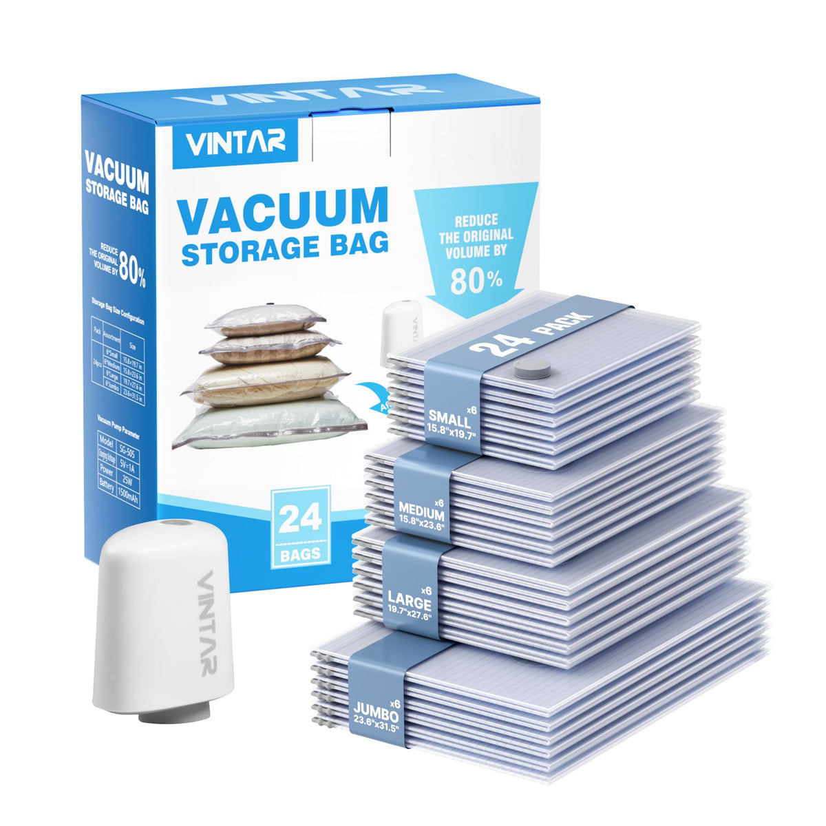 Vacuum Bags for Travel with Rechargeable Cordless Pump, VINTAR 24 Combo (6J+6L+6M+6S) Sealer Bags for Clothes Storage Travel, Space Saver Compression Packing for Suitcase and Luggage