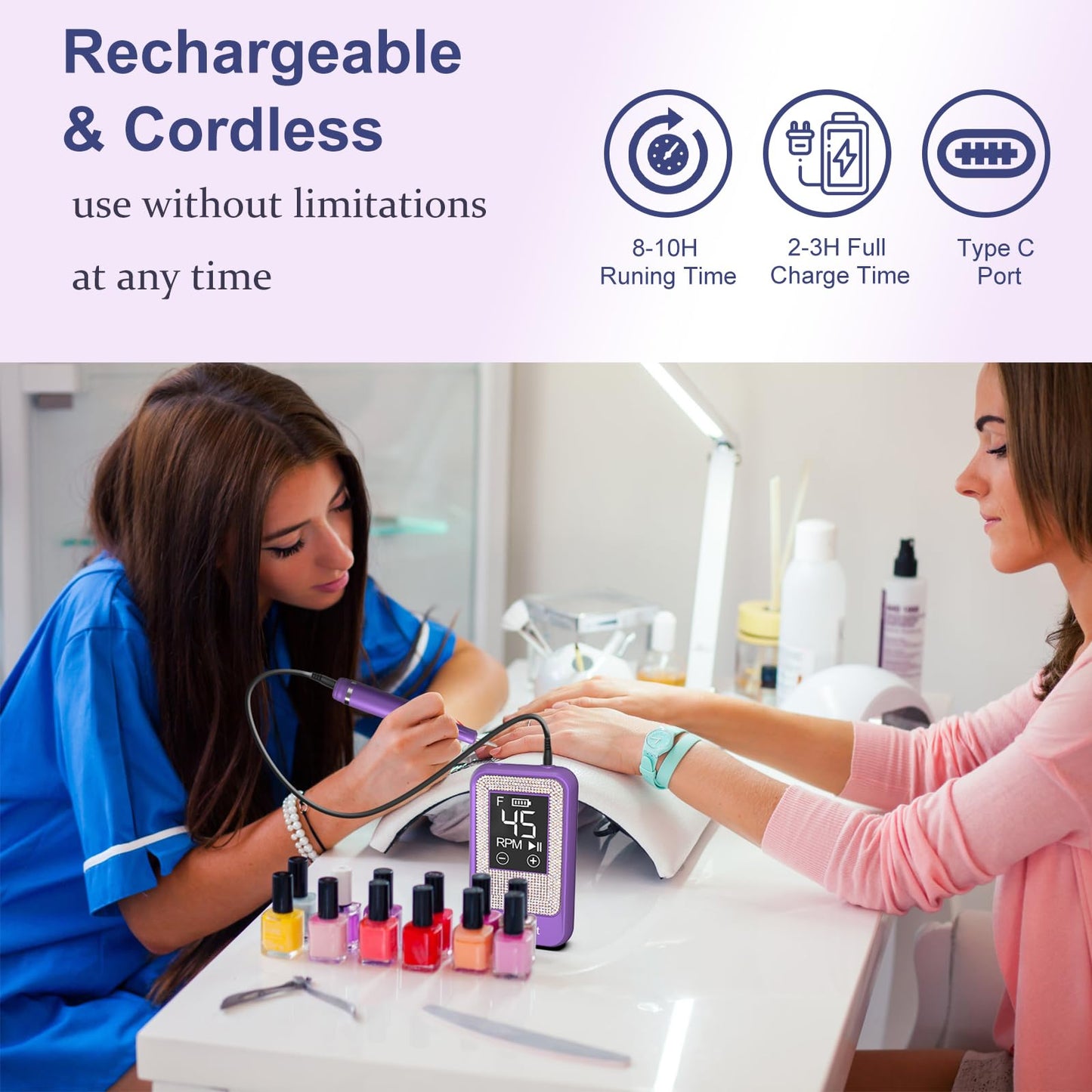 Professional Nail Drill Cordless 45000 RPM, Meremit Electric Nail File with Diamond Decoration, 12Pcs Drill Bits, Large LCD Screen, Rechargeable Electric Nail Machine Drill for Acrylic Gel Nail Polish