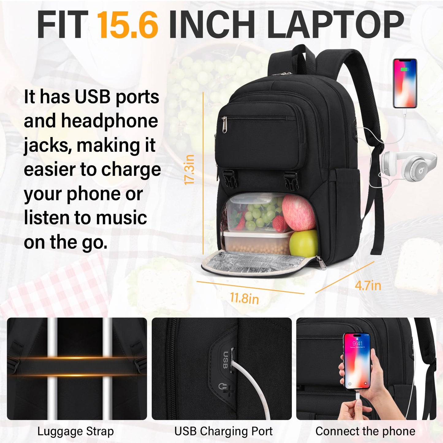 SDYSM Lunch Backpack for Men Women 15.6 Inch Laptop Backpack with USB Charging Port, Waterproof Work Backpack with Insulated Lunch Compartment Suitable for Work, Travel, College,Black