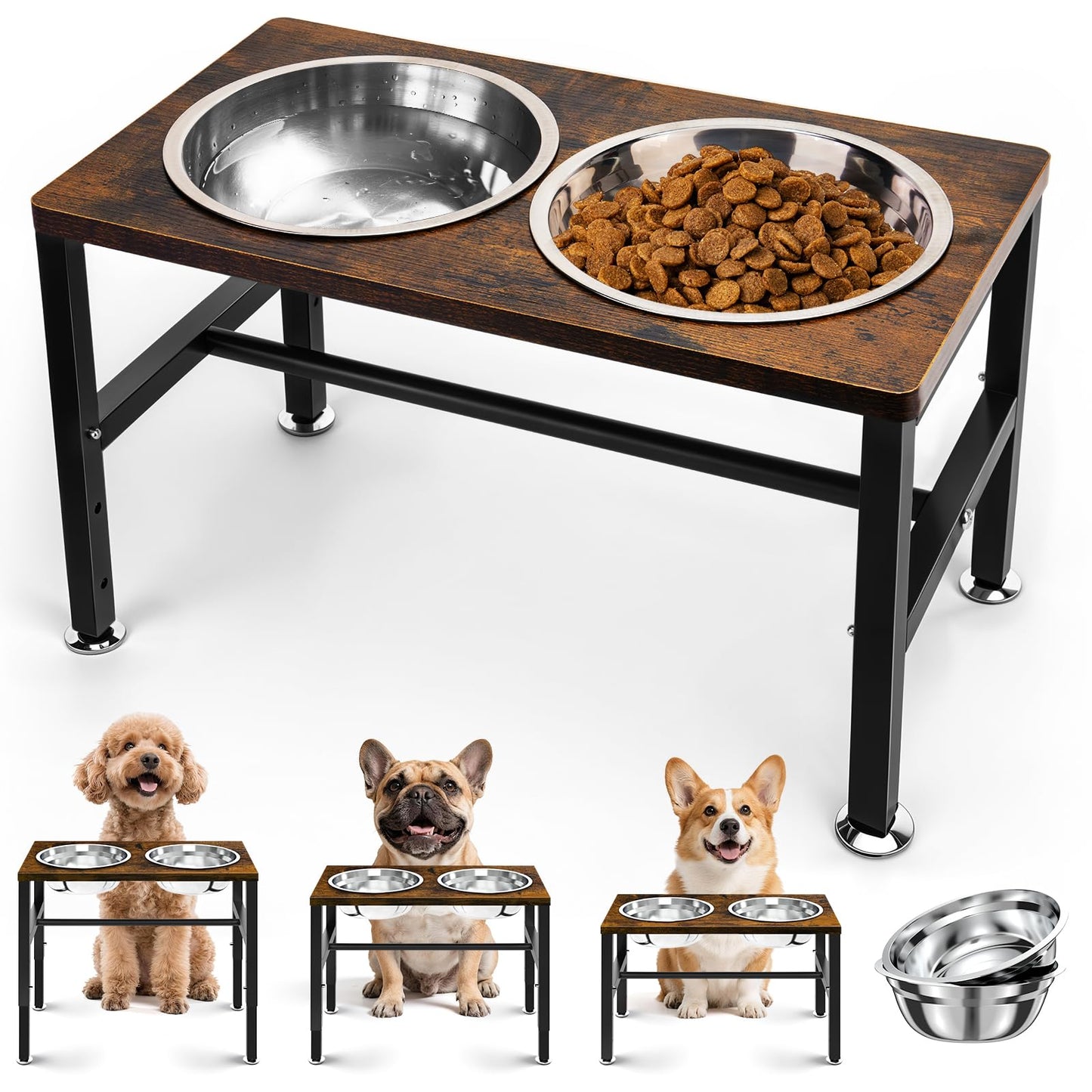 NomNest Elevated Dog Bowls, 3 Height Adjustable Raised Dog Water Food Bowl Wooden Metal Stand, 42OZ-Stainless Steel Bowls for Medium Small Dogs