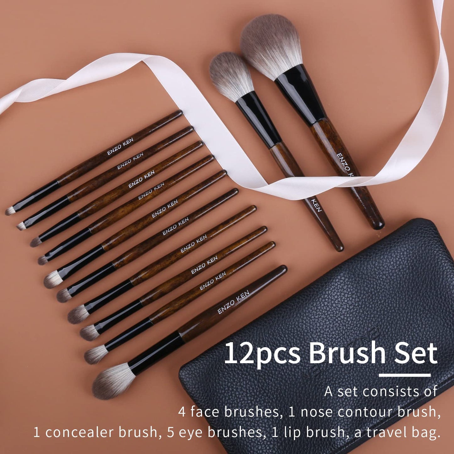 ENZO KEN Natural Goat Hair Makeup Brush Set with Case, Natural Bristle Makeup Brushes, Makeup Brushes Set Professional, Walnut Cosmetic Brushes Makeup Set - MONI