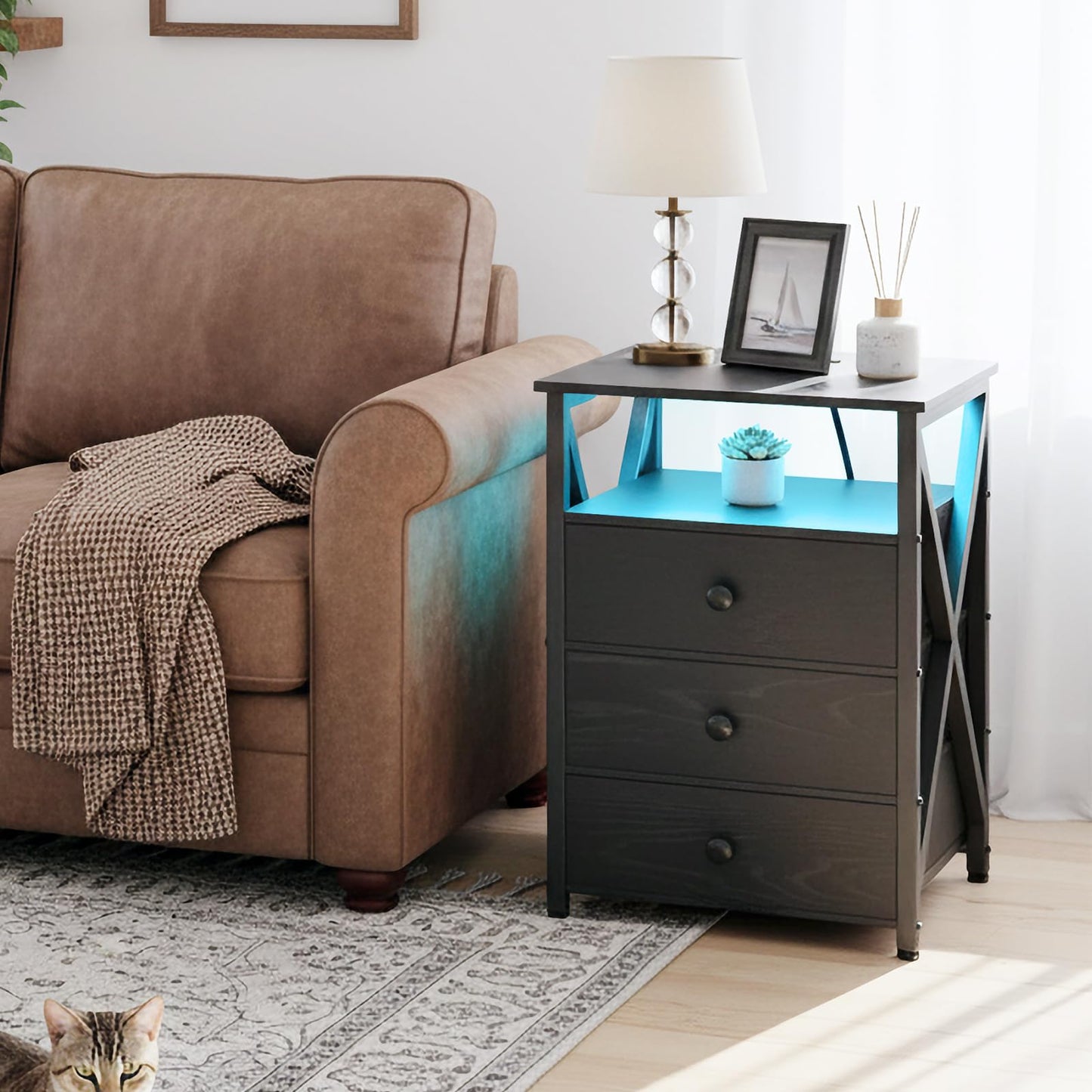 AMHANCIBLE LED Nightstand, End Side Table with Charging Station, Bedside Table with USB Port & Power Outlet, Modern Night Stand with Fabric Storage Drawers HET053LBK1