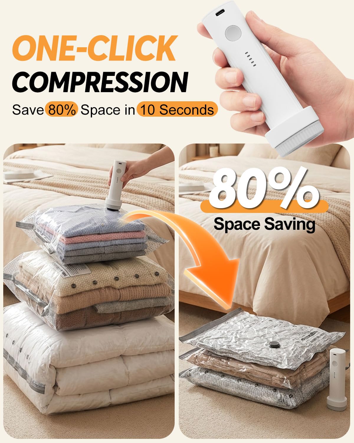 Travel Vacuum Bags with Cordless Pump, Vacuum Bags for Travel, Vacuum Sealer Bags for Clothes, Space Saver Vacuum Storage Bags for Luggage, Reusable Vacuum Packing Bags for Clothing & Bedding, 15 Pack