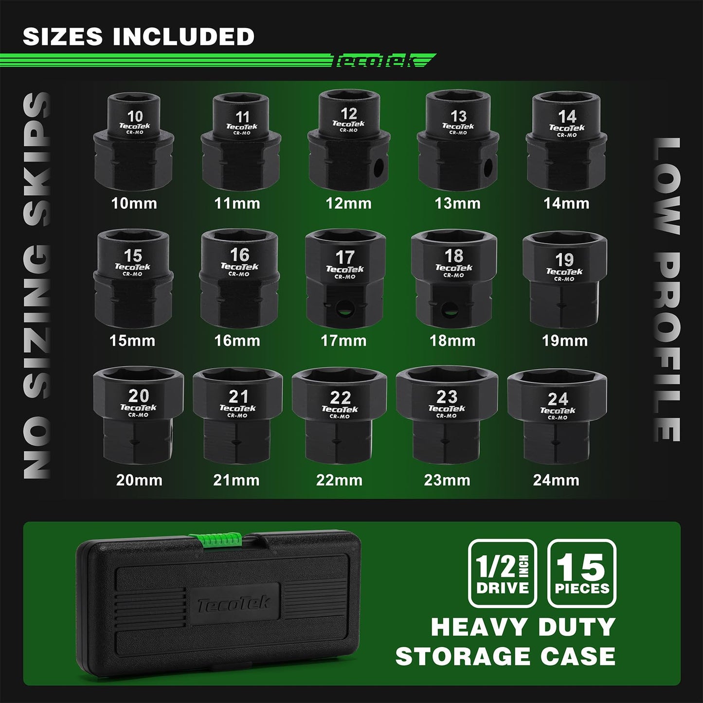 TecoTek 15-Piece 1/2-Inch Drive Metric Low Profile Impact Socket Set, Stubby Socket Set, 10mm-24mm, No Skips Sizes, 6 Point, Cr-Mo, Shorter Socket for Tight Areas