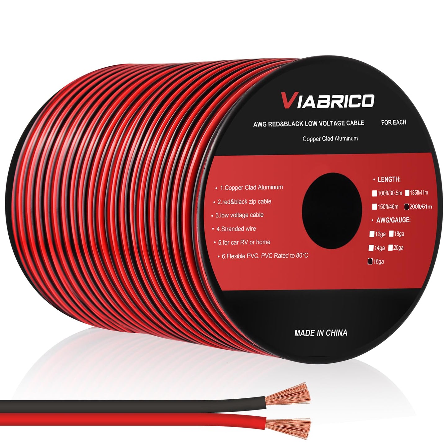 VIABRICO 16Gauge 200FT Electrical Wire Cable 2 Conductors Red Black Cable Hookup LED Lighting Strips Flexible Wire Extension Cord 16AWG Copper Clad Aluminum Copper Wire 12V/24V DC 61M