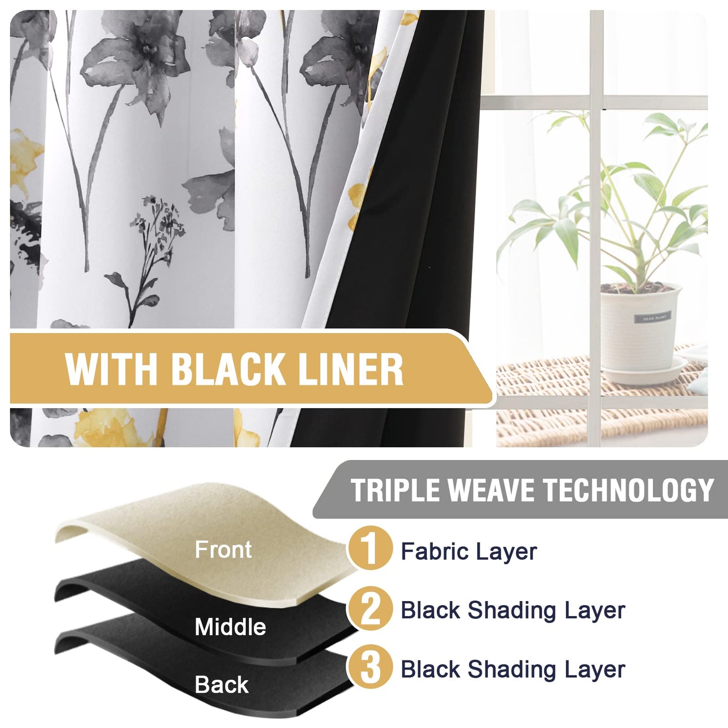 H.VERSAILTEX 100% Blackout Curtains 84 inch Length 2 Panels Set Cattleya Floral Printed Drapes Leah Floral Thermal Curtains for Bedroom with Black Liner Sound Proof Curtains, Grey and Yellow