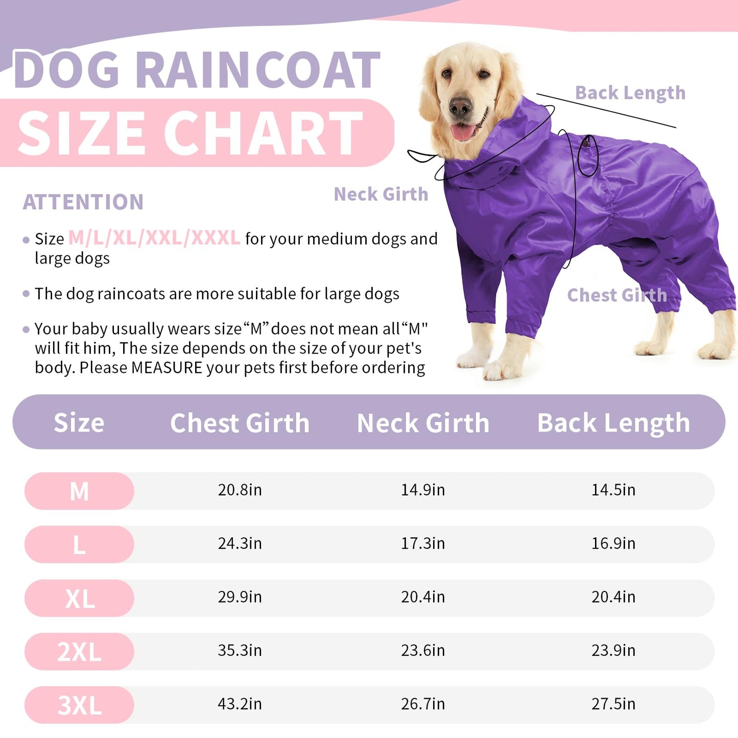 BRKURLEG Dog Raincoat Reflective Pet Poncho for Large Dogs Boy Girl, Pet Waterproof Rainproof Jacket with Leash Hole, 4 Legs Dog Rain Jacket, Lightweight Waterproof Jackets, Purple XXXL