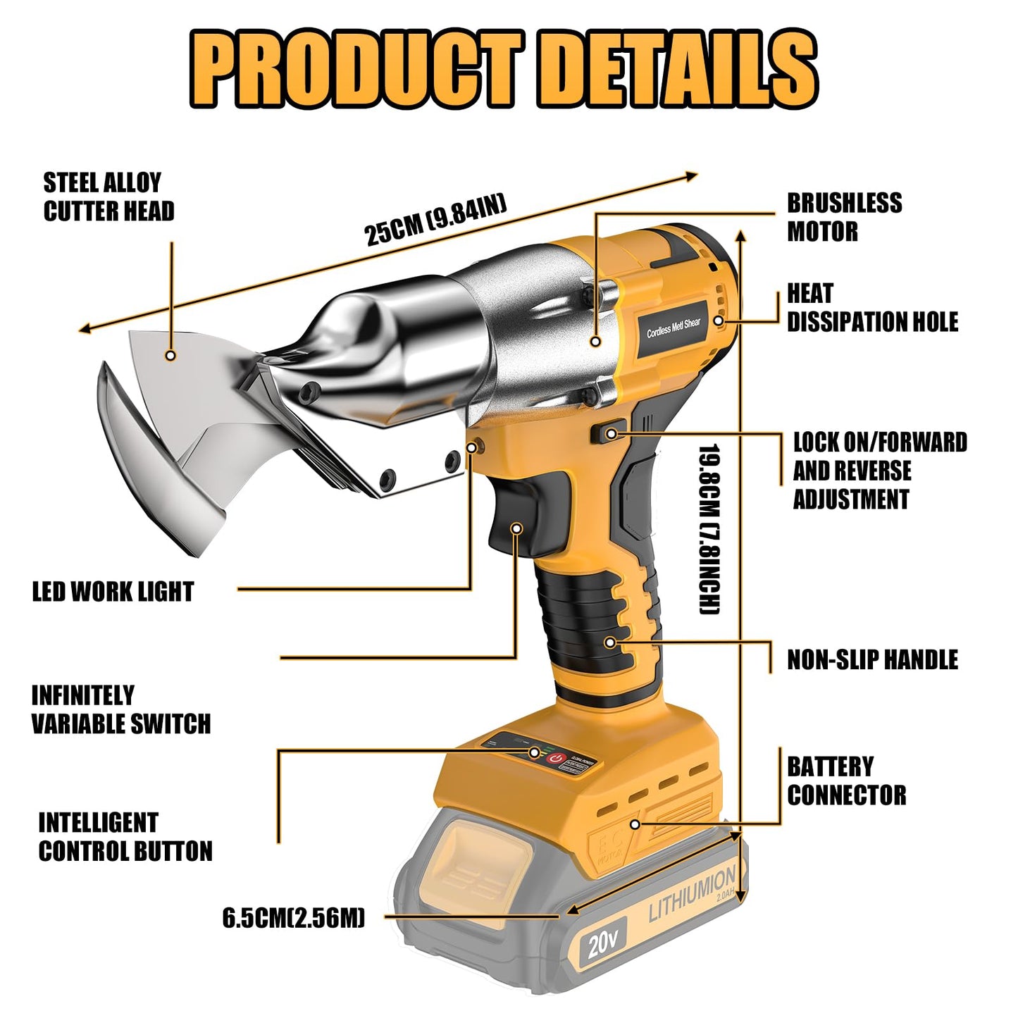 Cordless Sheet Metal Cutter Brushless for De-Walt 20v Max Battery(Tool Only), Metal Shears 360 Degree Pivoting Head, Electric Metal Scissors for for Cutting Stainless Sheet, Metal, Iron, 221 Ft-Lbs