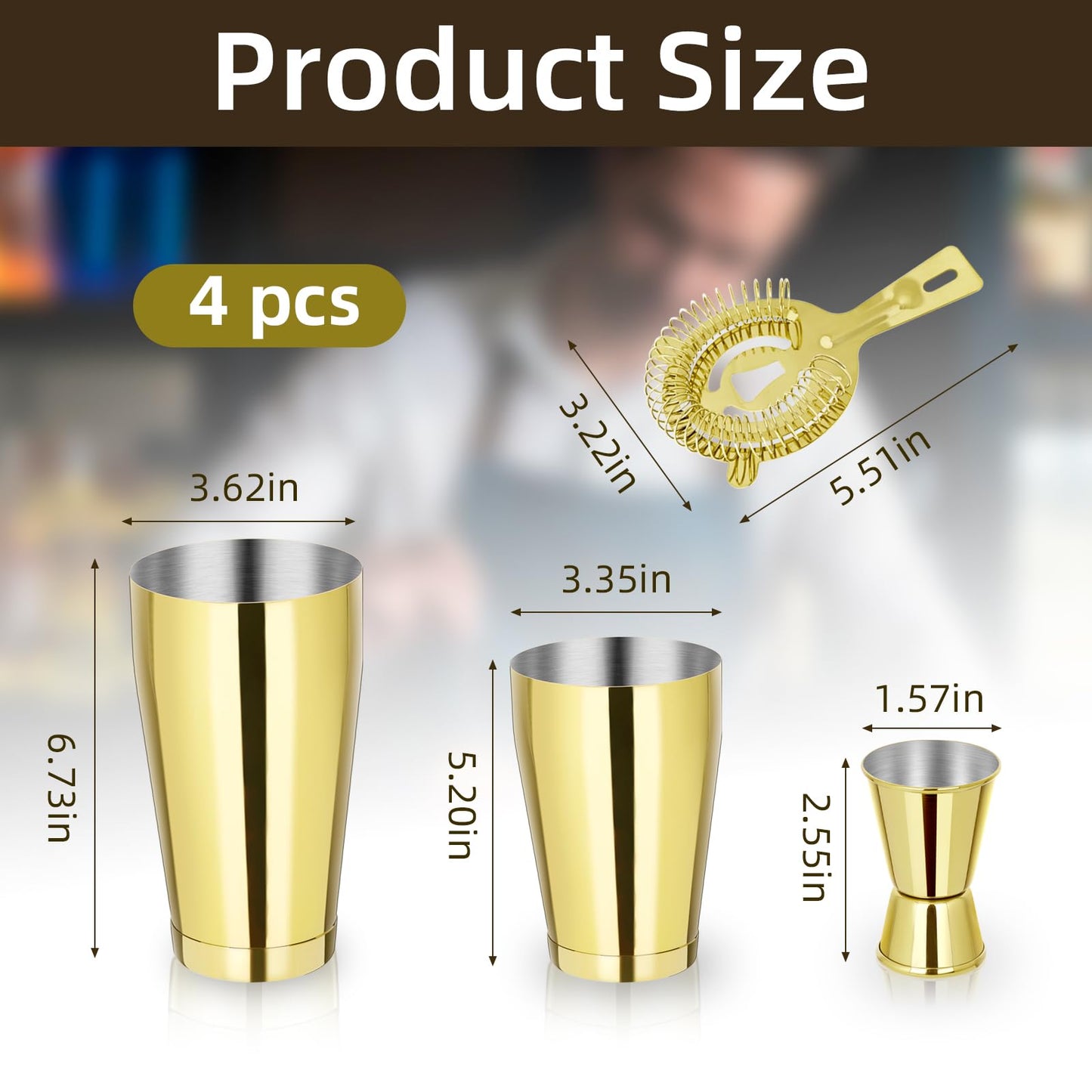 Boston Shaker Cocktail Set Bartender Kit, 12 Pcs Drink Shaker with Strainer Bartending Martini Shaker Tin with 18oz & 28oz Mixed Alcohol Shaker Professional Stainless Steel Bar Tool for Beginner(Gold)